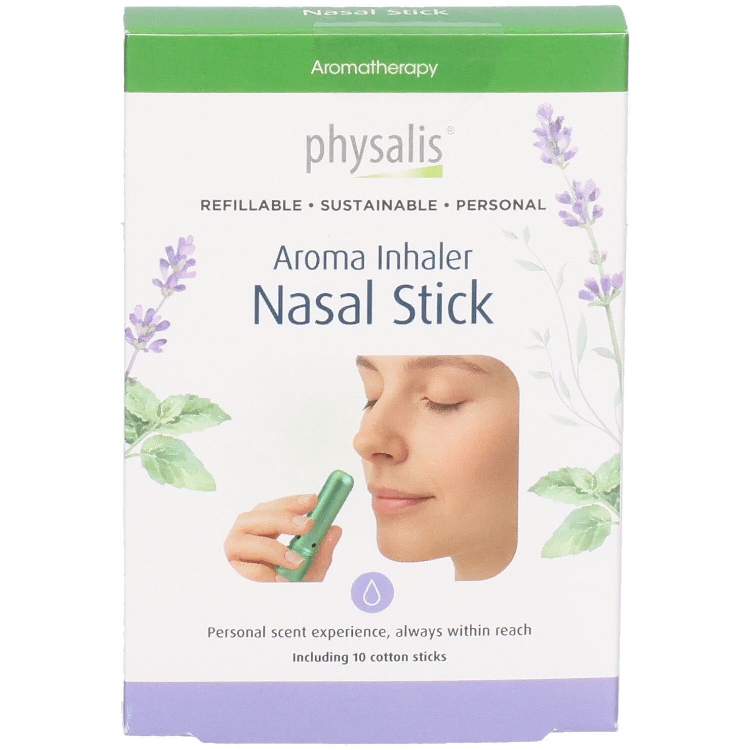 Boîte avec couvercle vert. Inscription: Physalis Aroma Inhaler Nasal Stick. Illustration d'une femme avec un inhalateur.