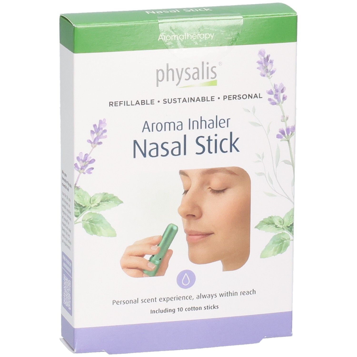 Boîte avec couvercle vert. Inscription: Physalis Aroma Inhaler Nasal Stick. Illustration d'une femme avec un inhalateur.