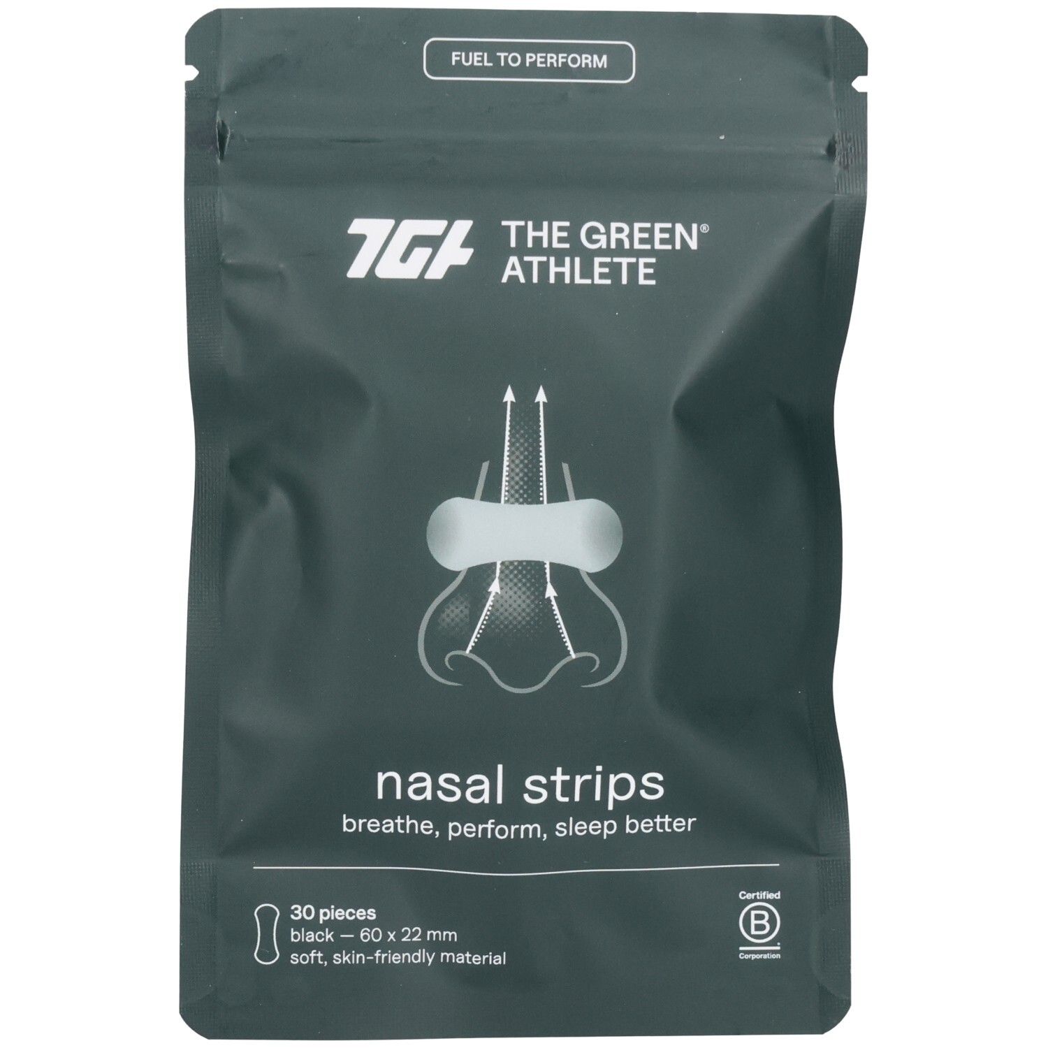 Sachet vert foncé. Illustration de bandes nasales. Texte: The Green Athlete, Nasal Strips, 30 pièces, matériau doux.