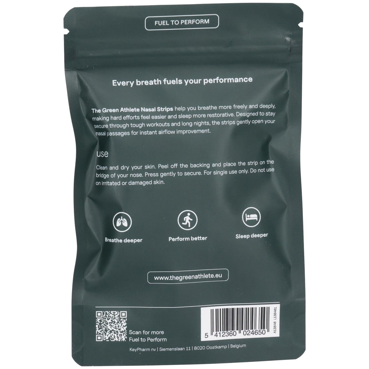 Dos du sachet. Texte: The Green Athlete Nasal Strips. Instructions et icônes. Code QR et certification.
