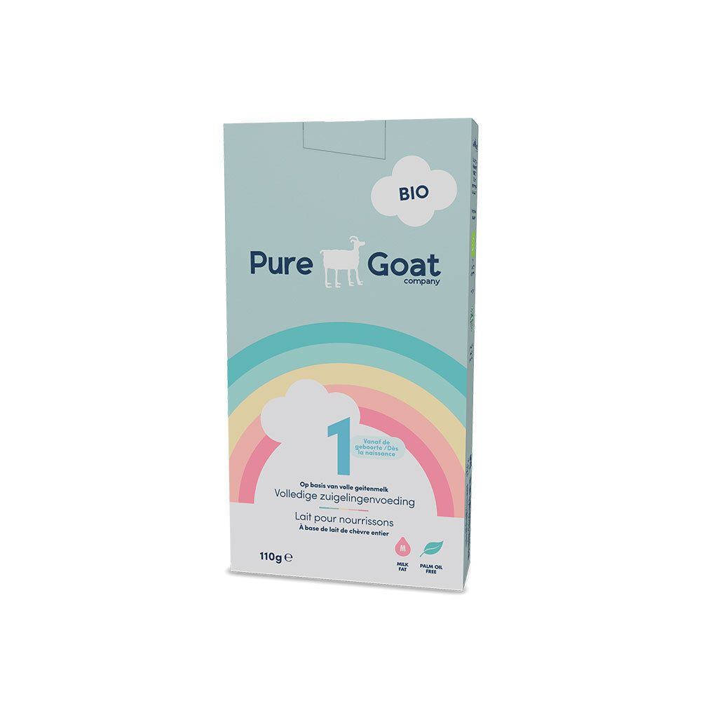 Boîte en carton bleu clair avec nom du produit, logo de chèvre, arc-en-ciel et chiffre 1. Contient 110g d'aliment pour bébé.