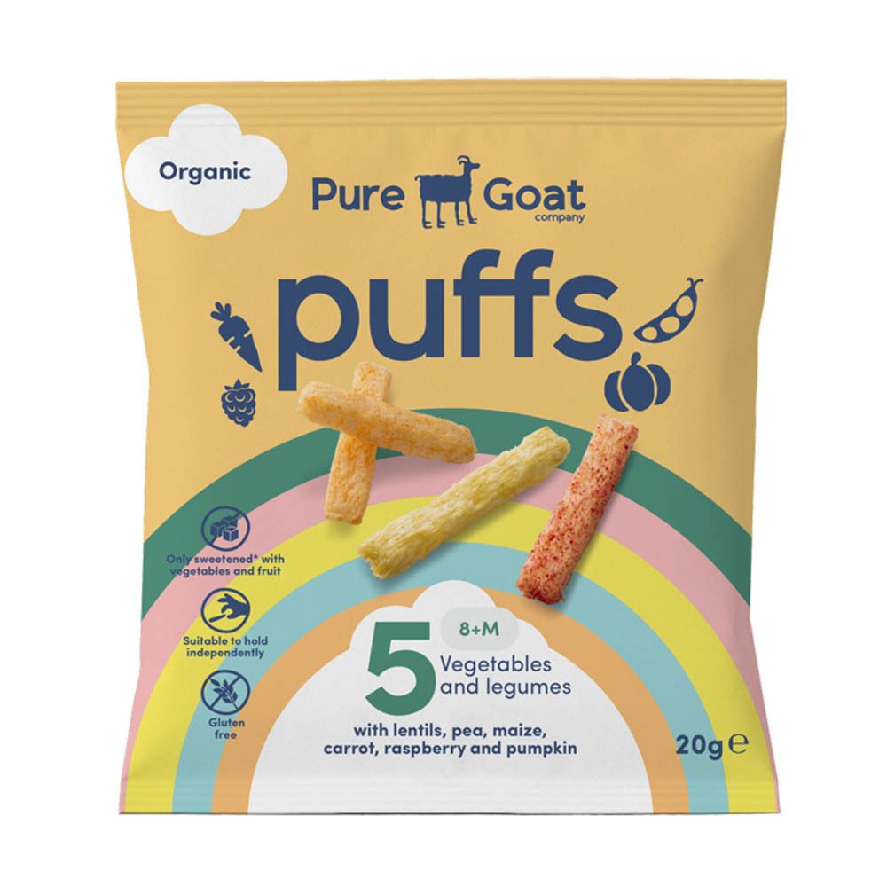 Sachet jaune de Puffs. Inscription : Pure Goat Company, Puffs, 5 légumes et légumineuses. 3 Puffs devant.