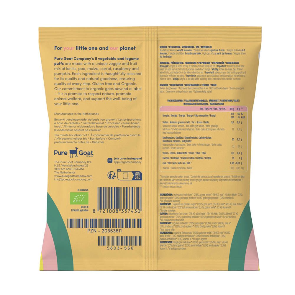 Achterkant van de Puffs-zak. Tekst met voedingswaarde en ingrediënten. Biologisch label.