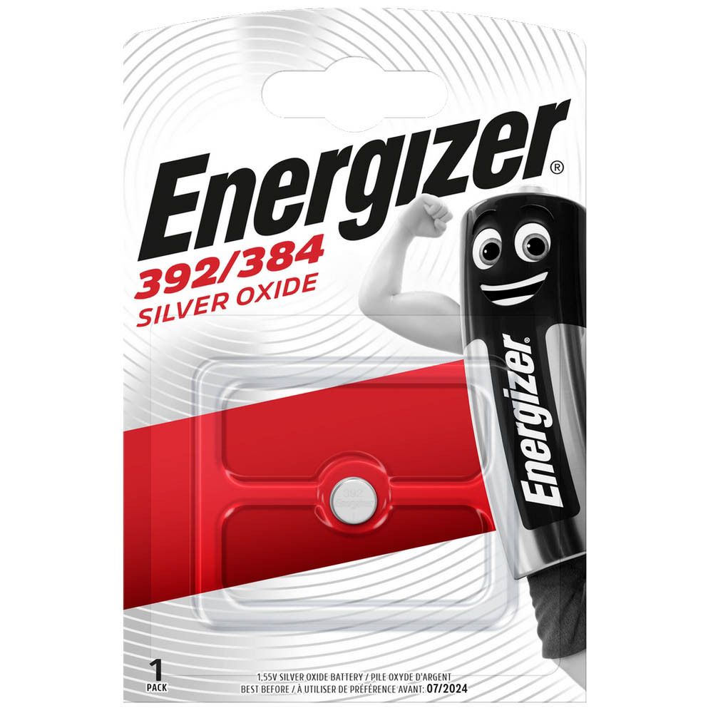 Energizer 392/384 Silver Oxide batterij in blisterverpakking. Zwarte en zilveren batterij met "Energizer" logo. "1 PACK".