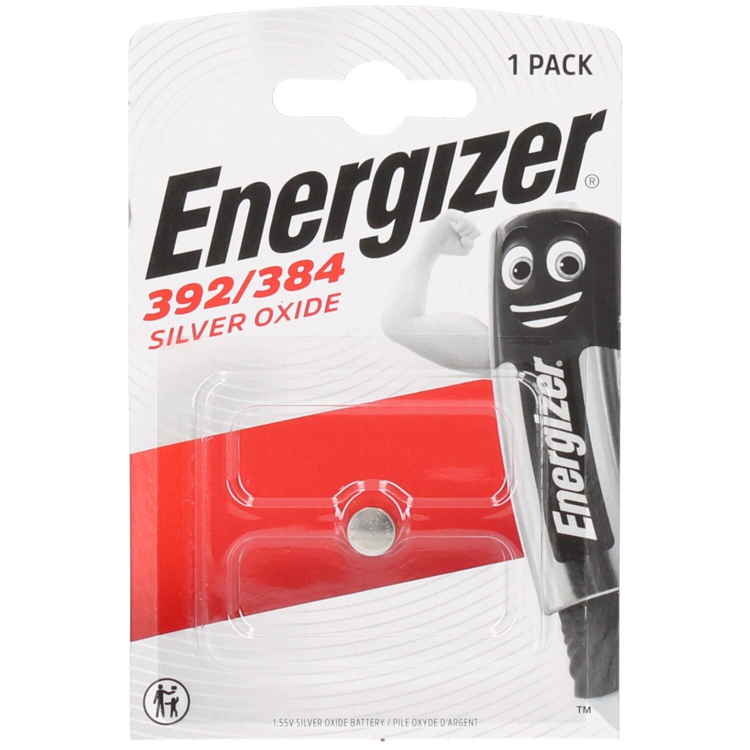 Pile Energizer 392/384 Silver Oxide dans un emballage blister. Pile noire et argentée avec le logo "Energizer". "1 PACK".