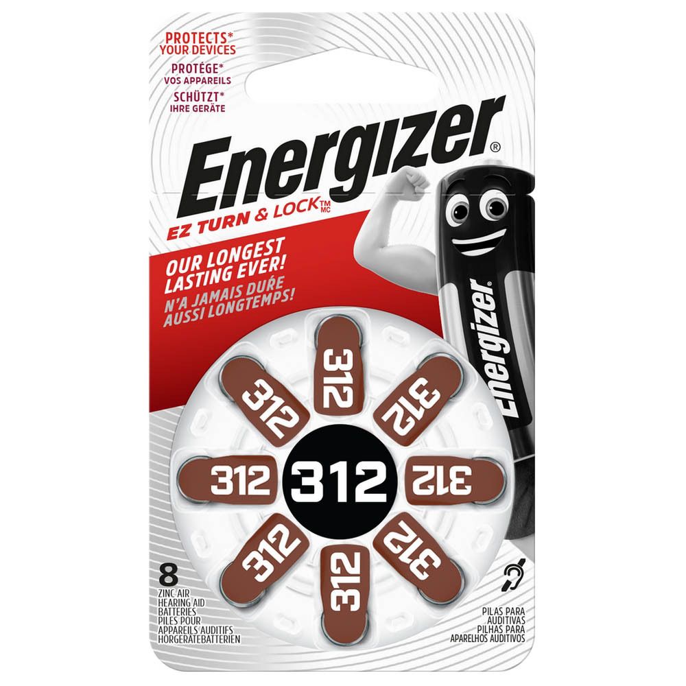 Energizer gehoorapparaatbatterijen, maat 312, 8 stuks, met EZ Turn & Lock technologie.