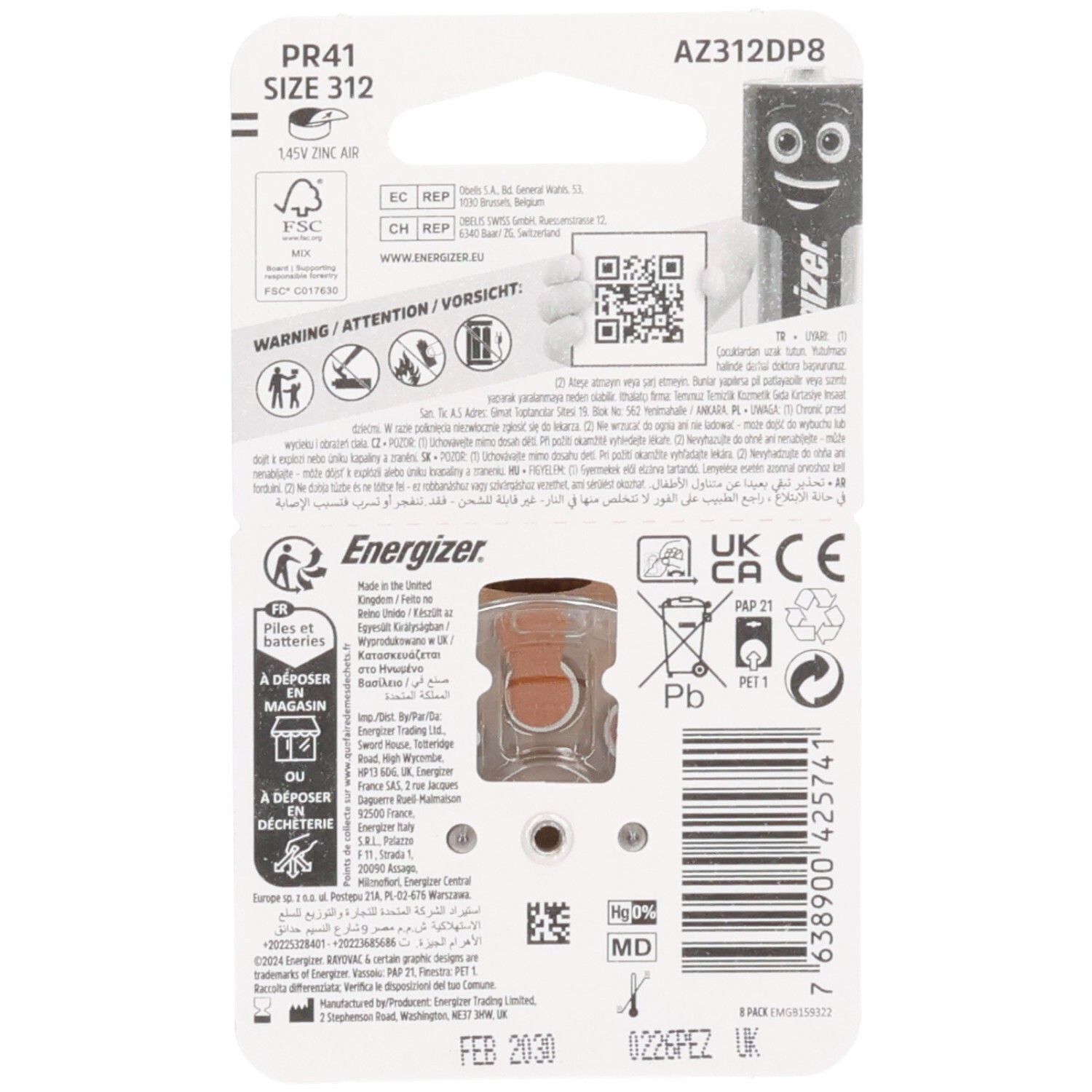Arrière d'un paquet de piles pour appareils auditifs Energizer, taille 312, avec avertissements et informations produit.
