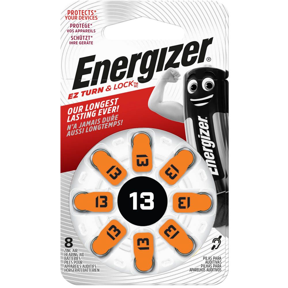 Piles auditives Energizer, taille 13, en blister. 8 piles visibles. Languettes oranges avec "13". Logo "Energizer".