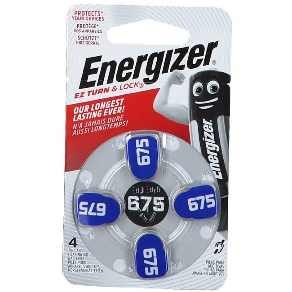 Verpakking met 4 Energizer 675 hoortoestelbatterijen. Blisterverpakking. Tekst: "EZ TURN & LOCK". Afbeelding van een batterij met een gezicht.
