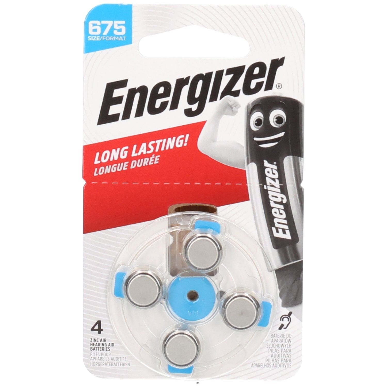 Verpakking met 4 Energizer 675 hoortoestelbatterijen. Blisterverpakking. Tekst: "LONG LASTING!". Afbeelding van een batterij met een gezicht.