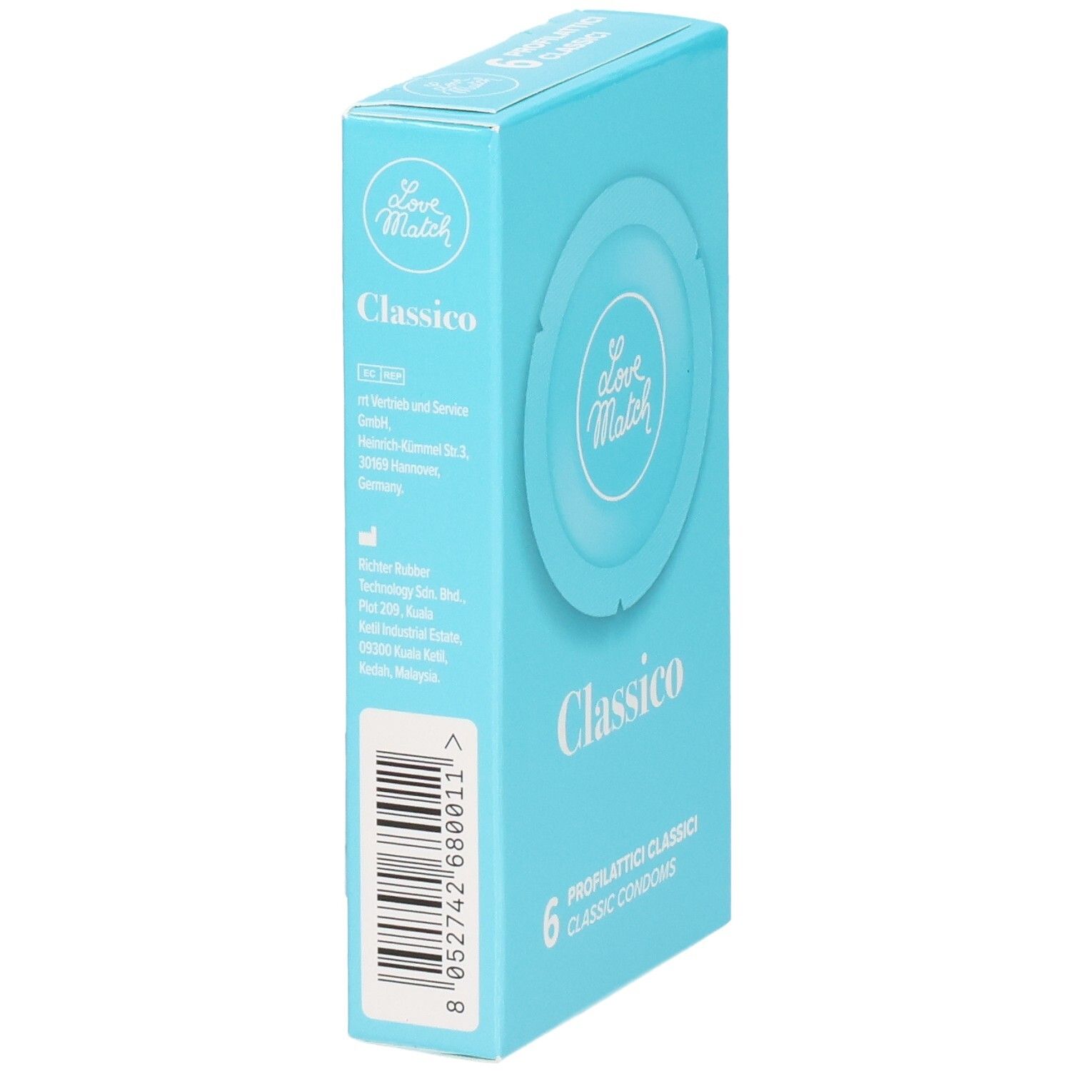 Zijaanzicht van de verpakking met 6 Love Match Classico condooms en productinformatie.