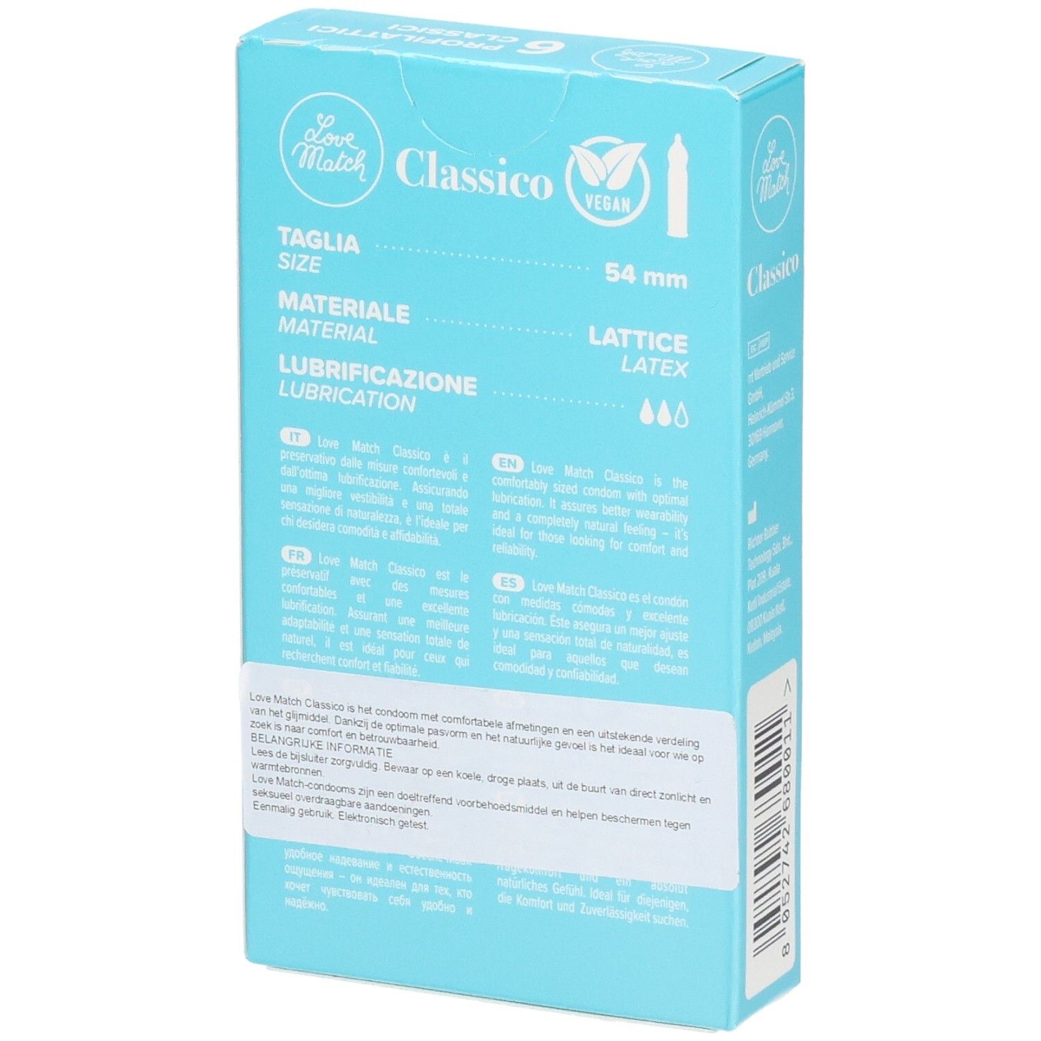 Achterkant van de verpakking met 6 Love Match Classico condooms, materiaal en maat.
