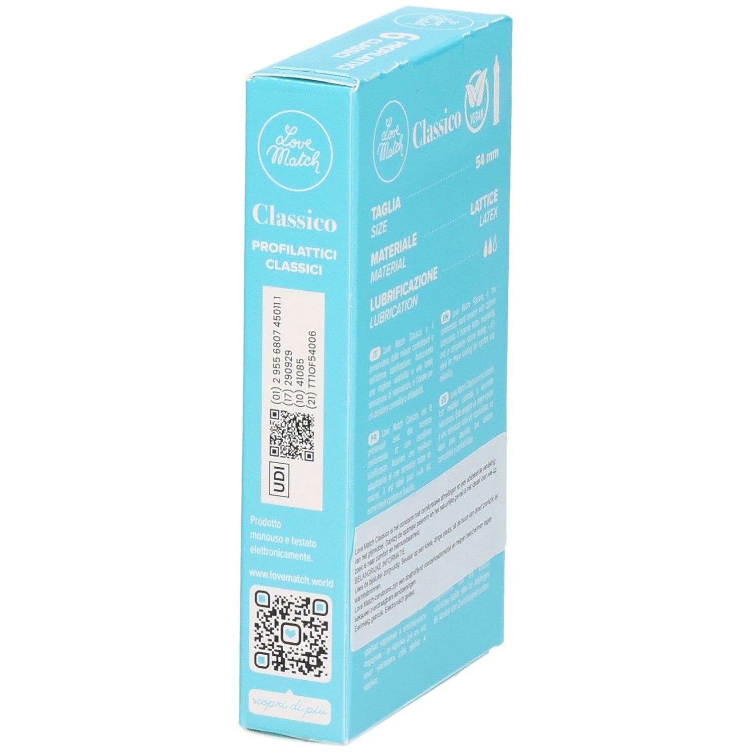 Zijaanzicht van de verpakking met 6 Love Match Classico condooms, UDI en QR-code.