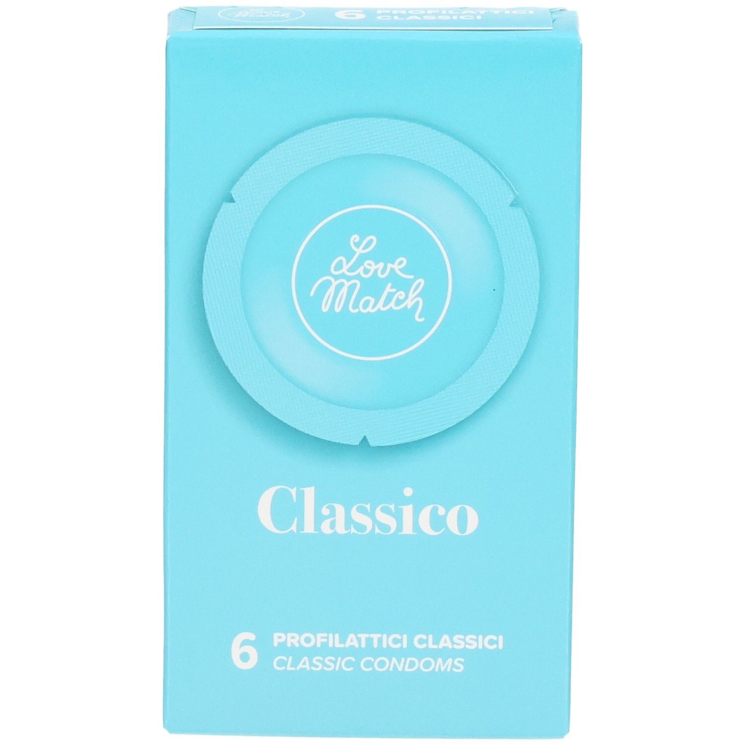 Verpakking met 6 klassieke condooms, merk Love Match Classico, voorkant.