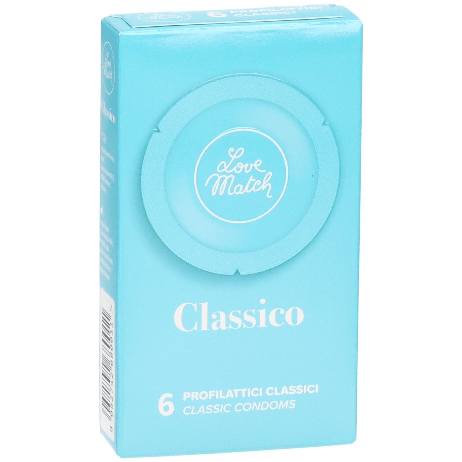 Voorkant van de verpakking met 6 Love Match Classico condooms, lichtblauw.