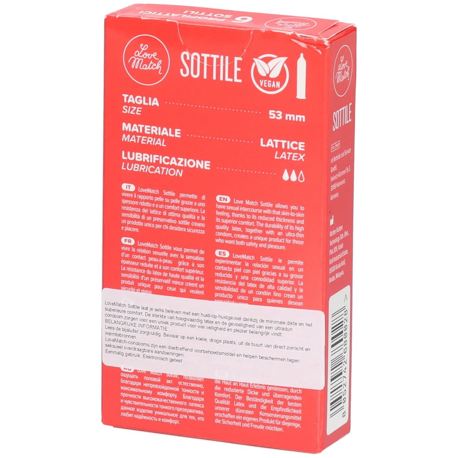 Arrière de l'emballage de préservatifs Love Match Sottile avec informations produit.