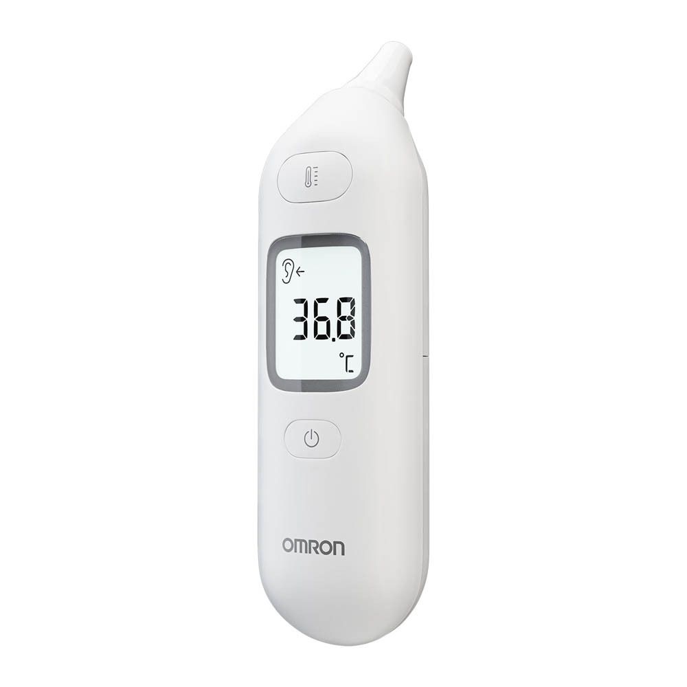 Omron Gentle Temp 533 Infrarood oorthermometer met digitaal display (36.8°C) en bedieningsknoppen.