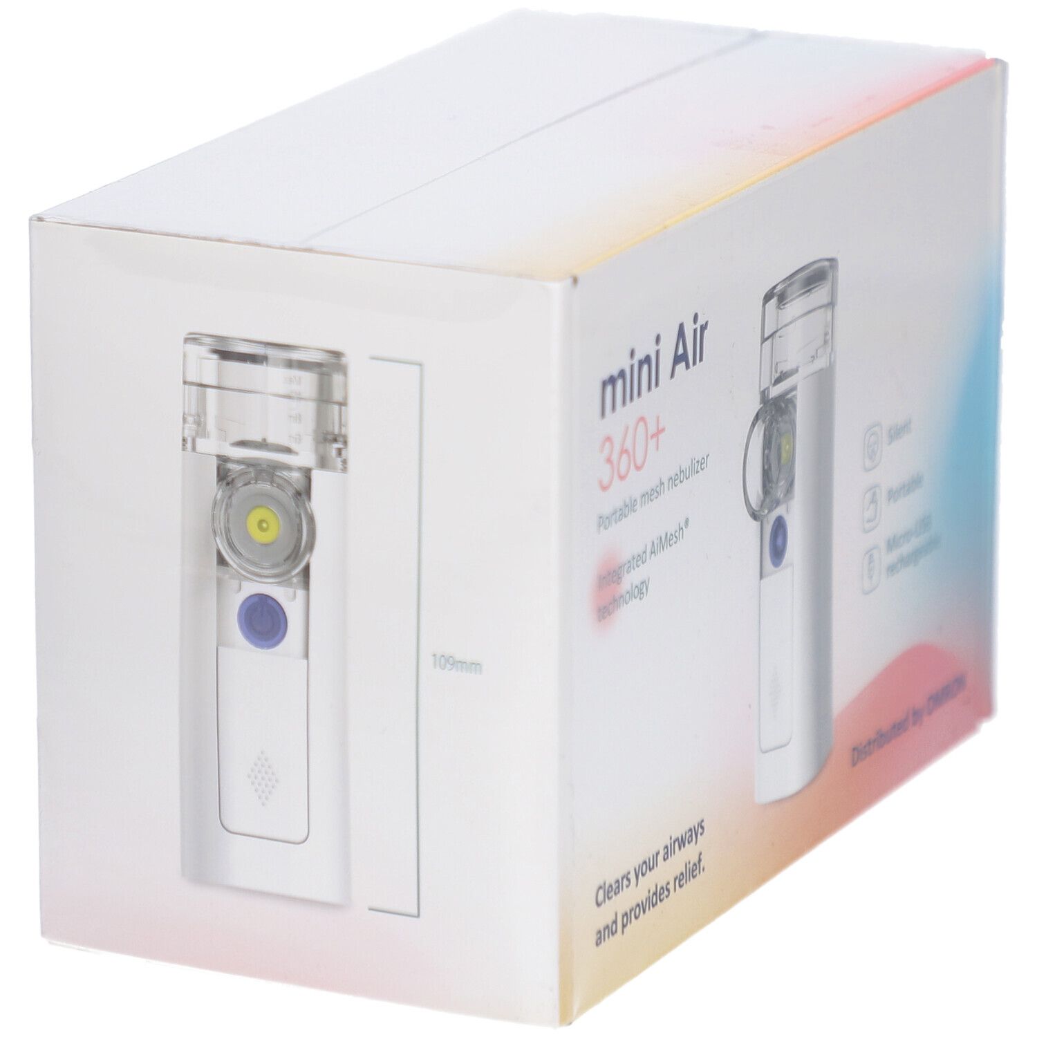 Verpakking van de OMRON MiniAir 360+ vernevelaar. Witte doos met productafbeelding en maatindicatie. Tekst: mini Air 360+.