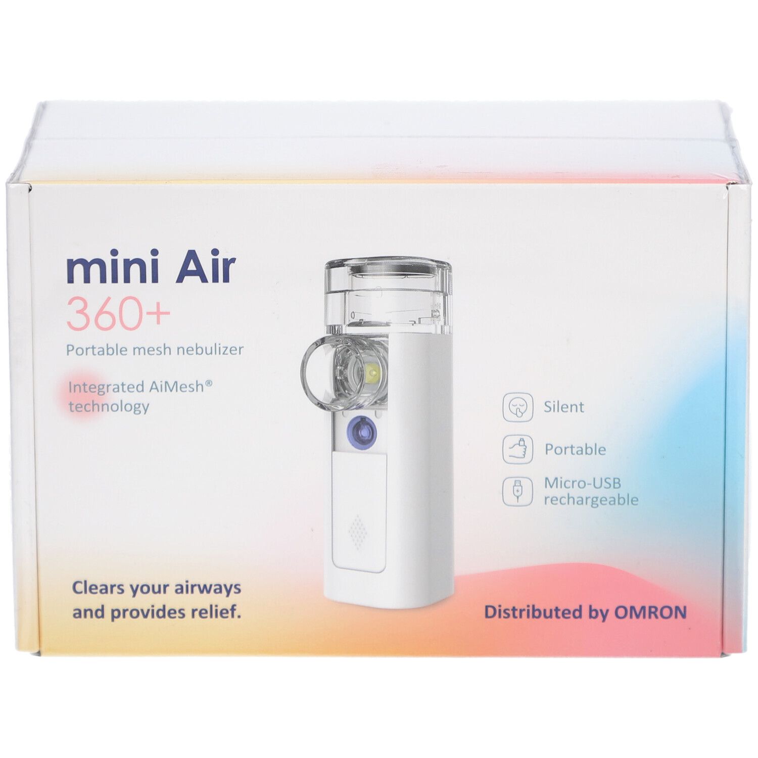 Voorkant van de OMRON MiniAir 360+ verpakking. Productafbeelding, productnaam en logo's. Tekst: mini Air 360+ Portable mesh nebulizer.