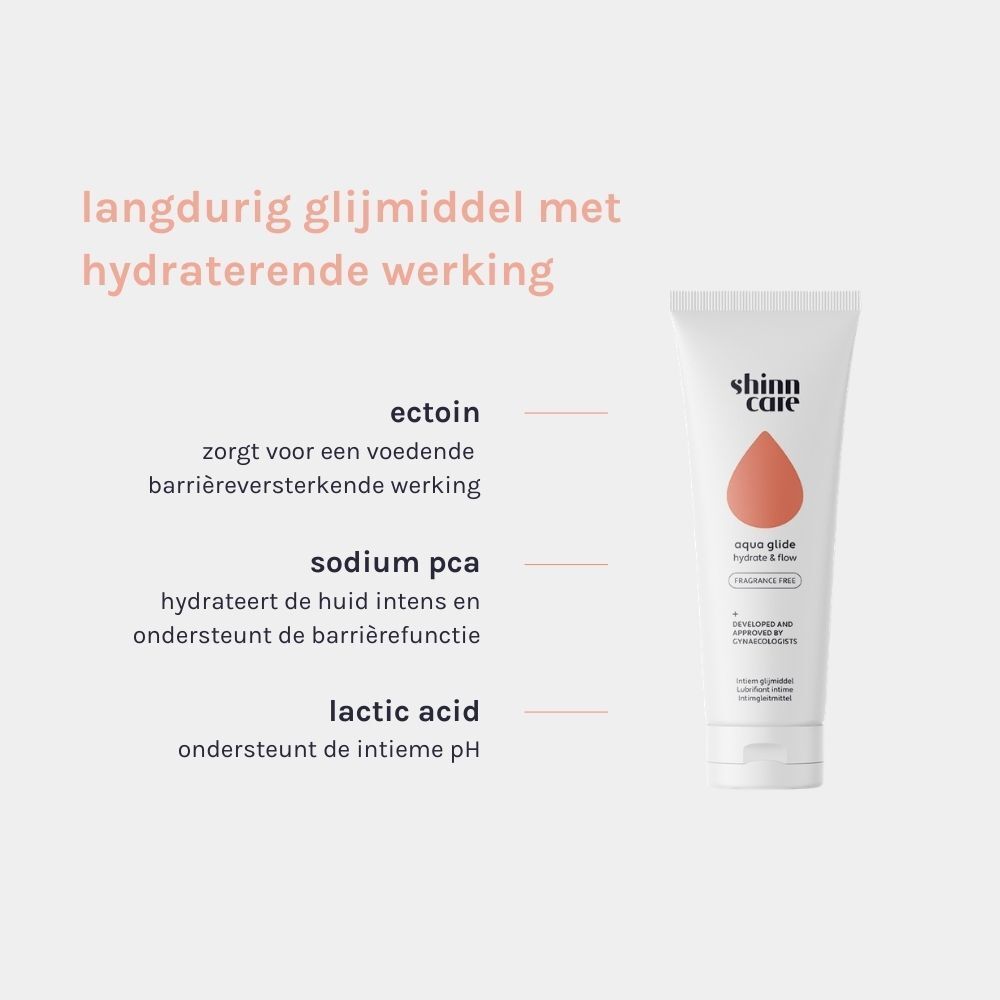 Product en tekst: ectoin, sodium pca, lactic acid. Aqua Glide, hydrate & flow, fragrance free.