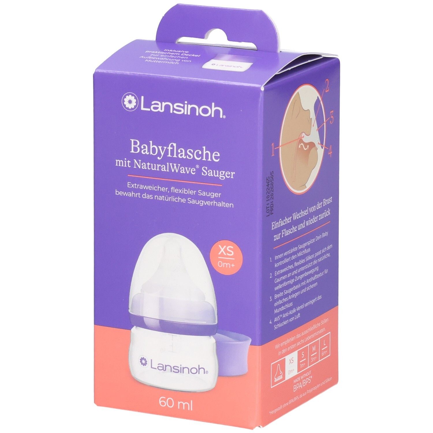 Biberon Lansinoh NaturalWave, 60ml, XS, 0m+.