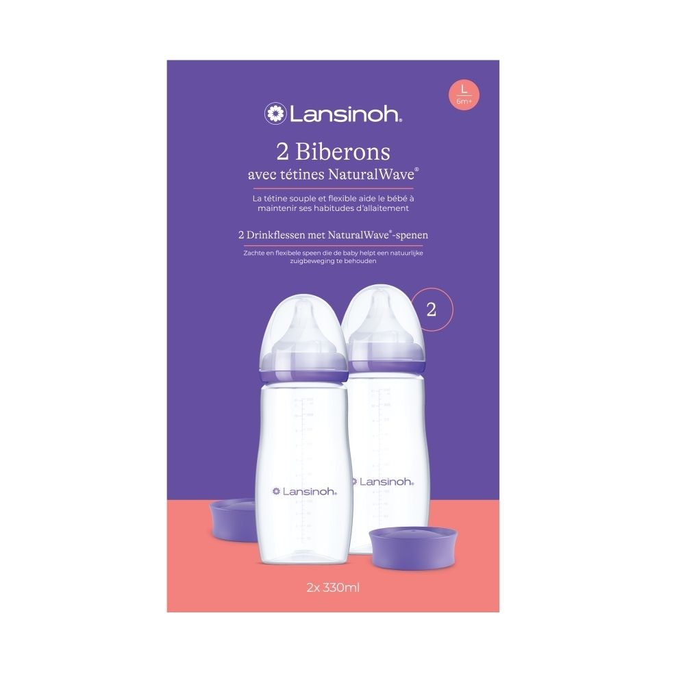 Lansinoh babyfles met NaturalWave speen. Enkele 330ml fles met paars dopje.