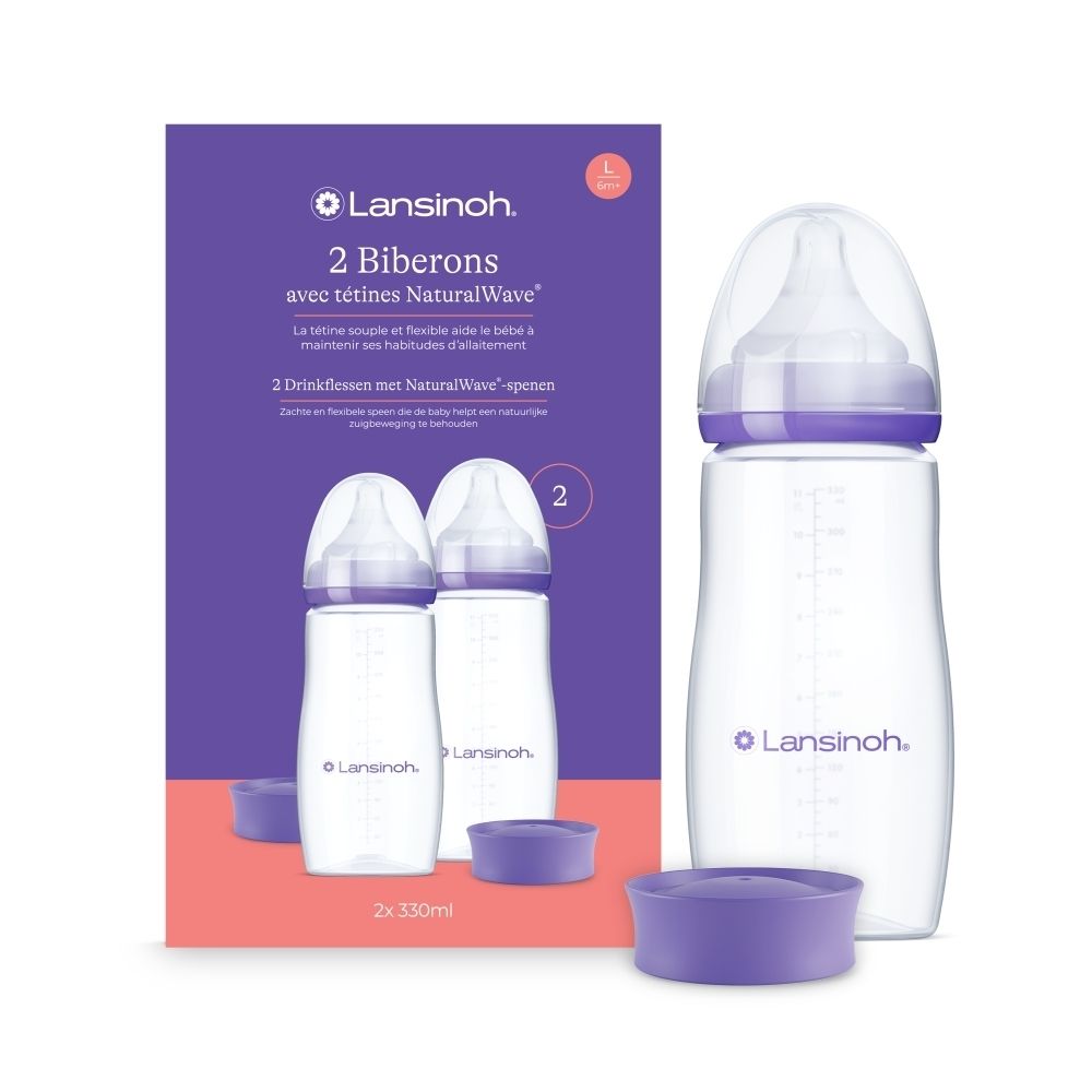 Lansinoh babyfles met NaturalWave speen. Enkele 330ml fles met paars dopje.