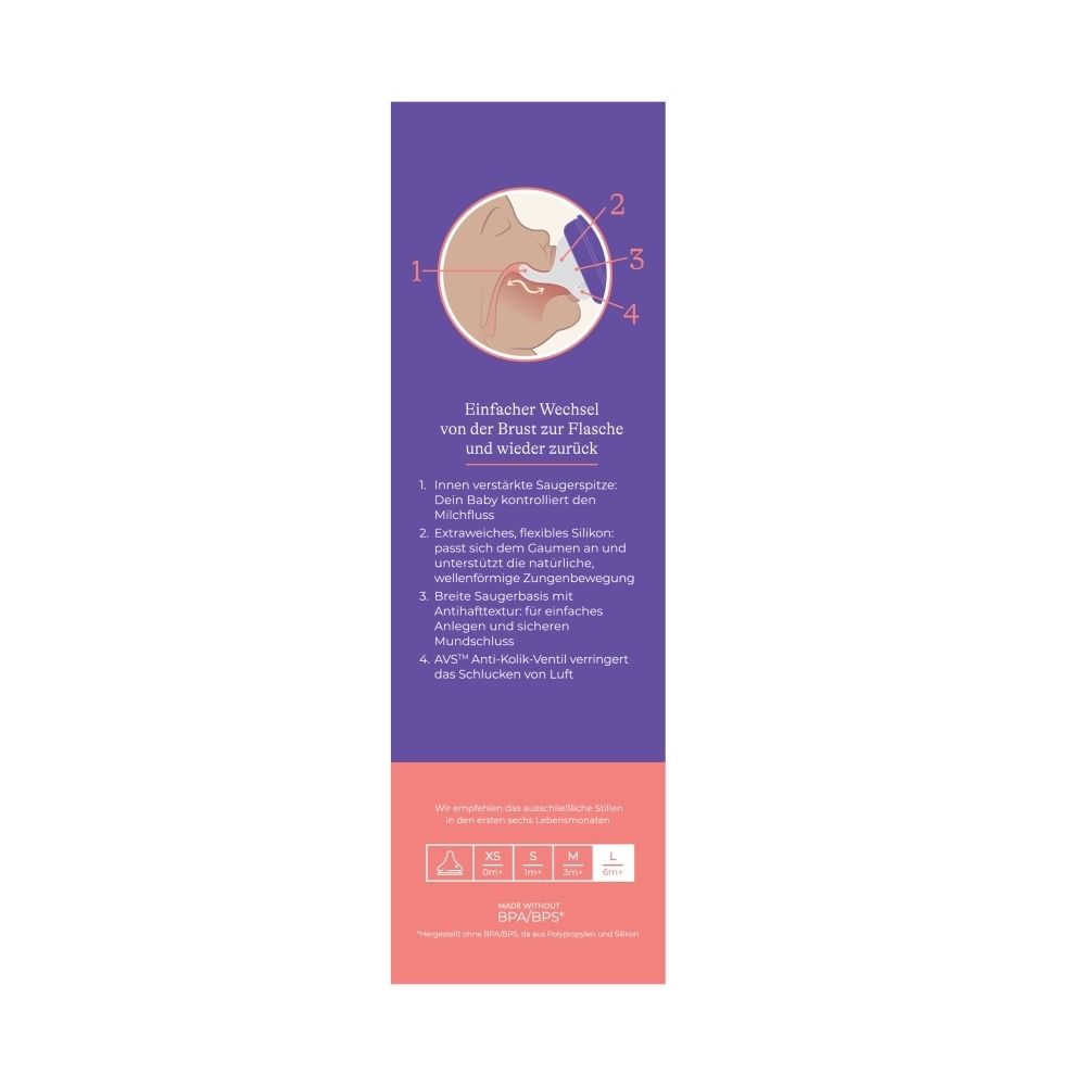 Lansinoh babyfles met NaturalWave speen, 330 ml. Verpakking met Nederlandse informatie en instructiediagram.