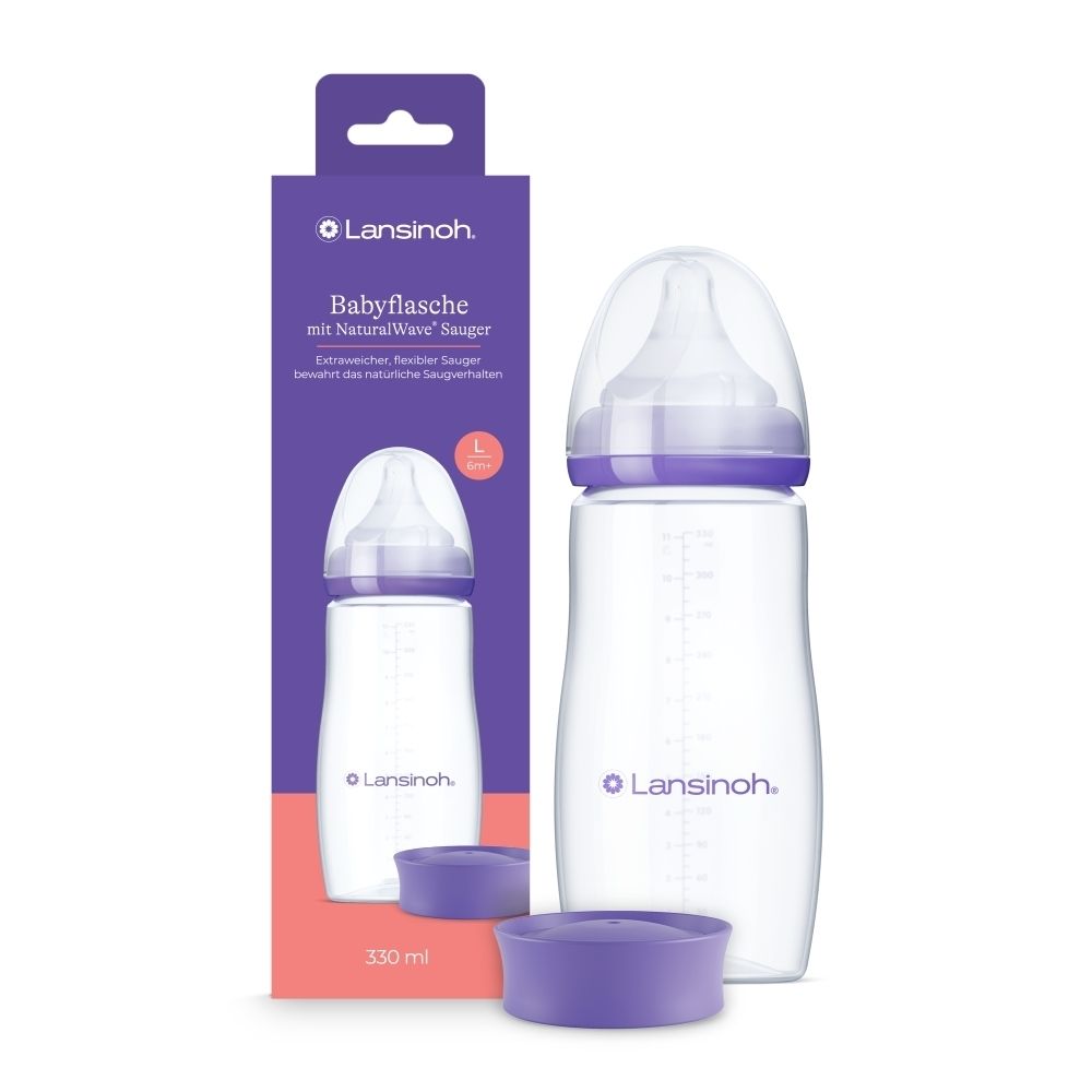 Lansinoh babyfles met NaturalWave speen, 330 ml. Verpakking met Nederlandse informatie en productafbeelding.