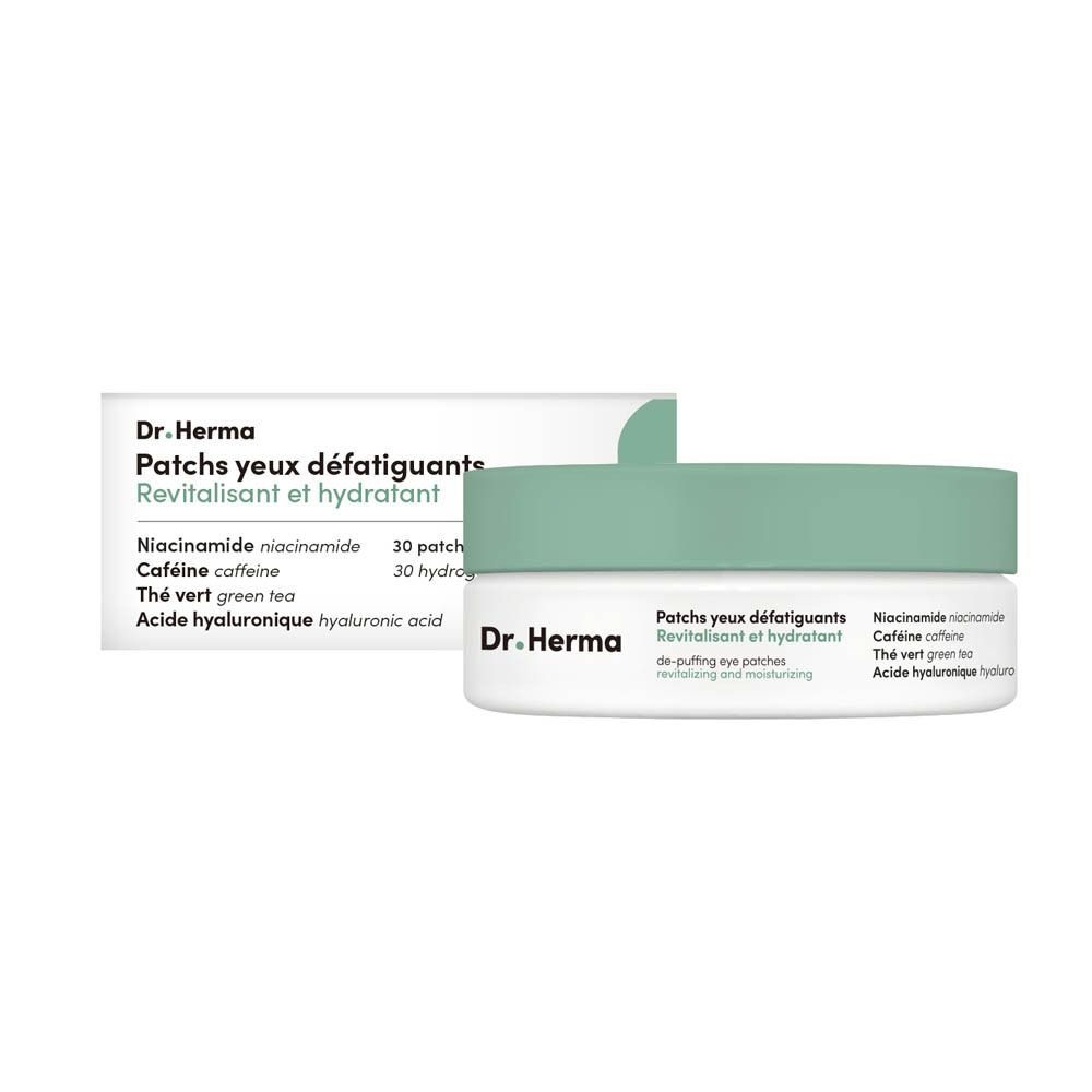Dr. Herma oogpatches: pot met mintgroen deksel. Tekst in het Frans: 'Patches yeux défatiguants'.