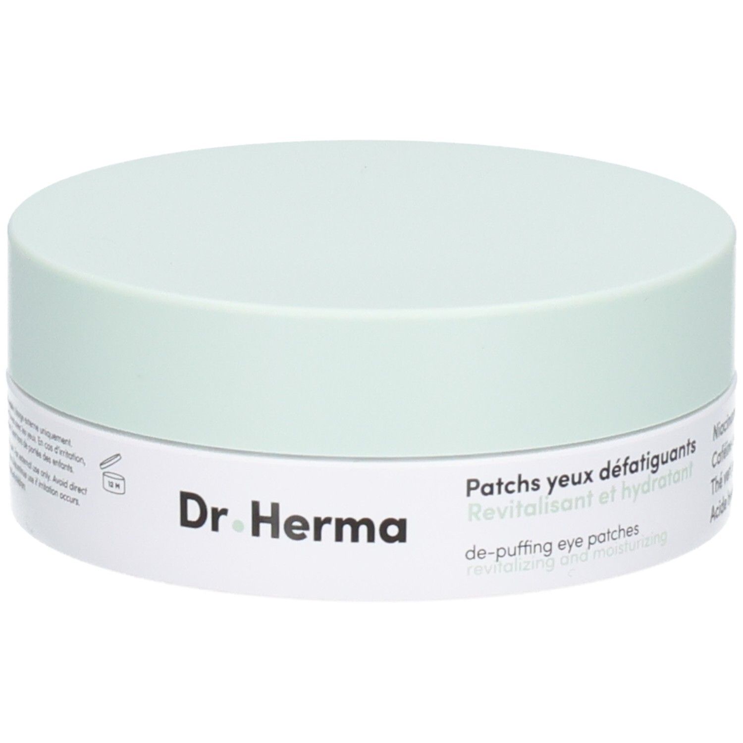 Dr. Herma patches pour les yeux dans une boîte ronde, couvercle vert menthe. Texte : 'Patches yeux défatiguants'.