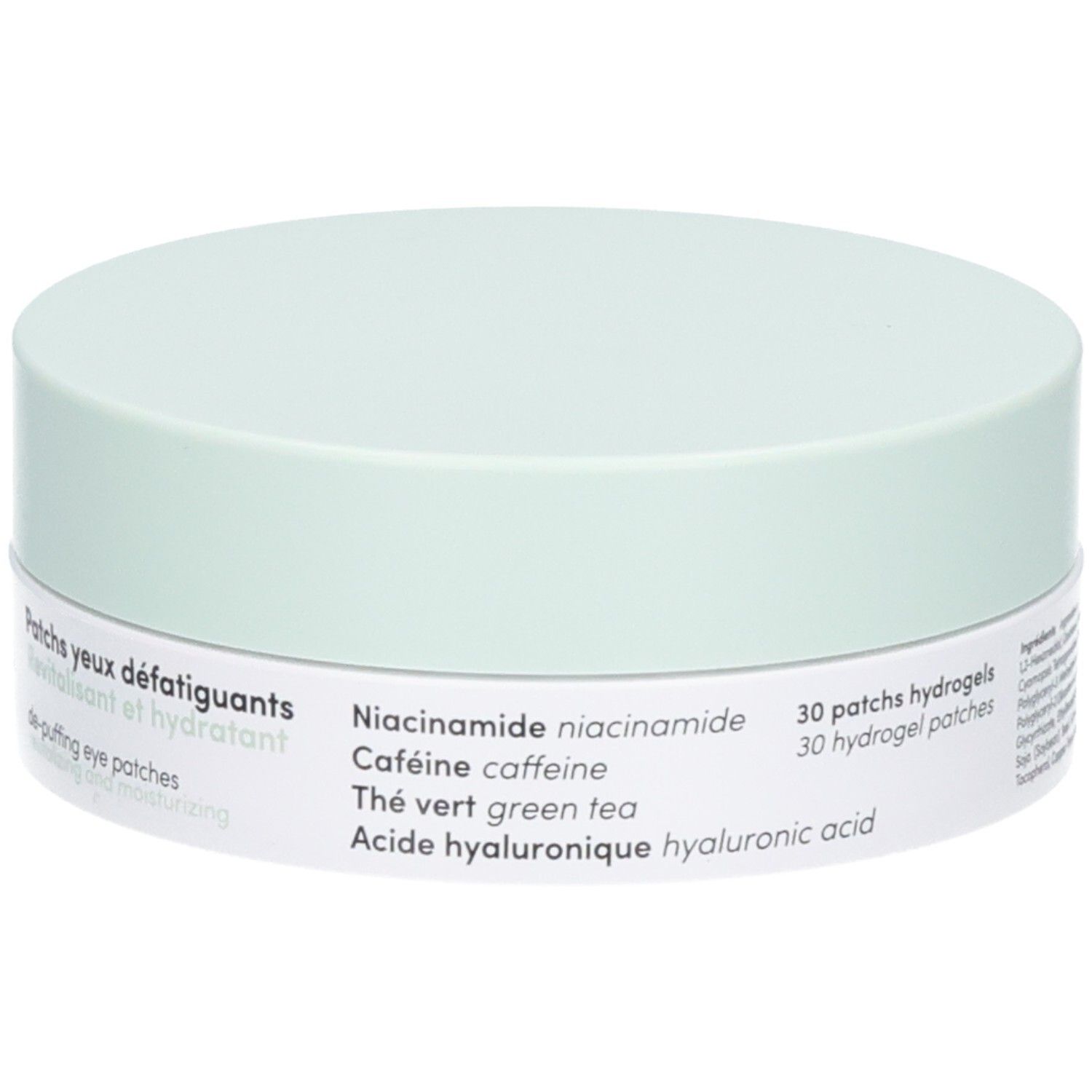 Patchs Dr. Herma pour les yeux : boîte avec ingrédients clés comme Niacinamide, Caféine, Thé vert, Acide hyaluronique.