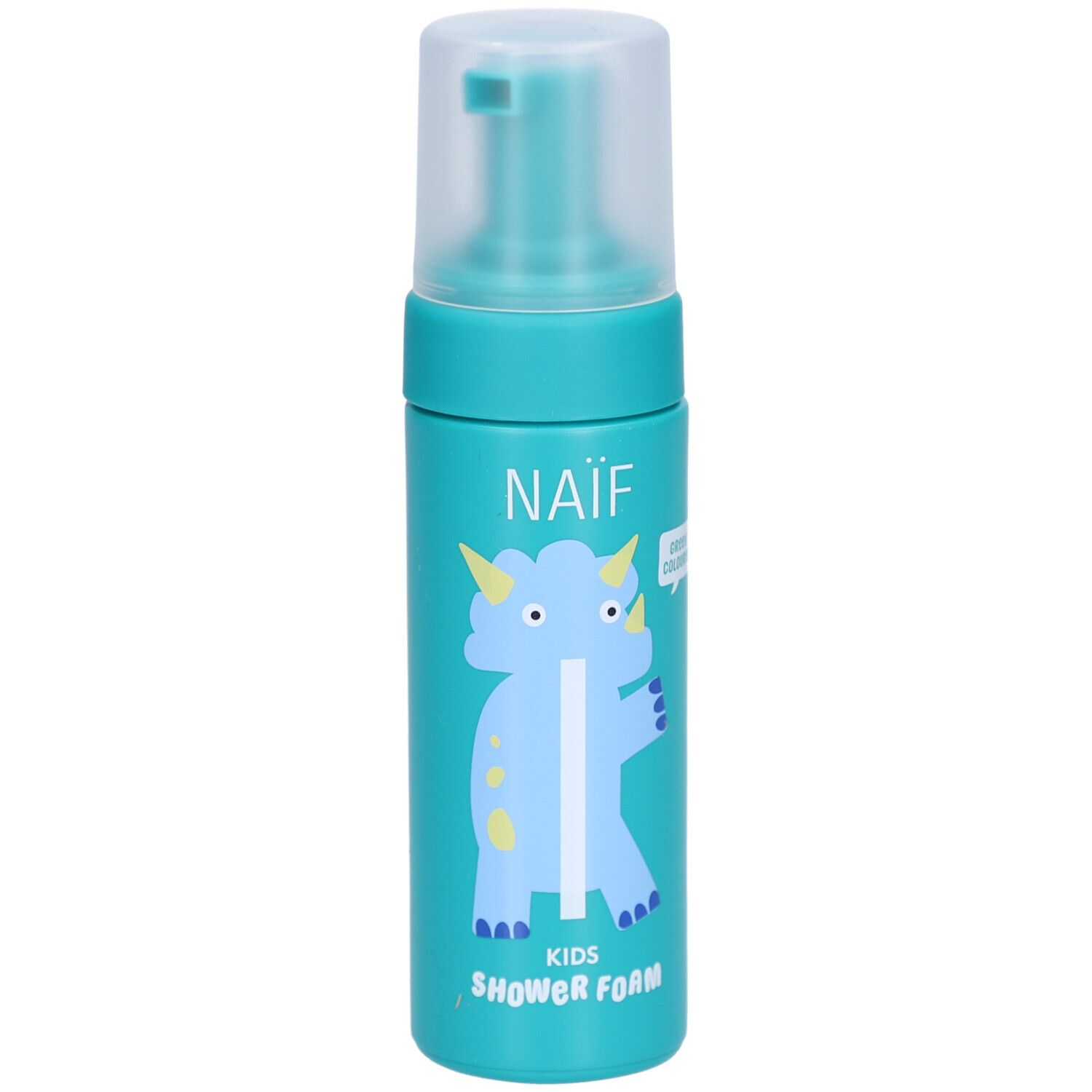 Turquoise fles met pomp. Opschrift: NAÏF, KIDS SHOWER FOAM. Illustratie van een blauwe dinosaurus.