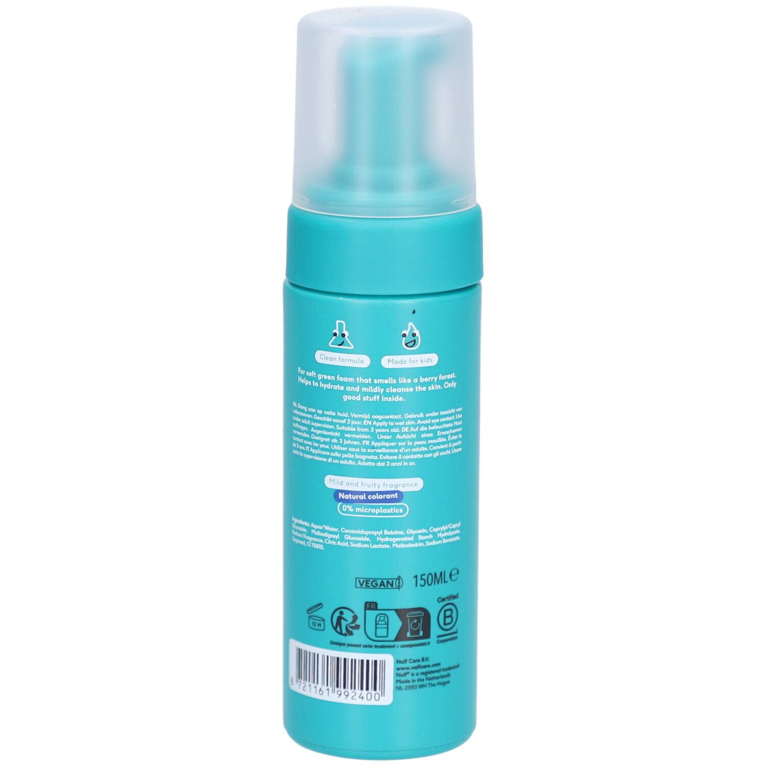 Achterkant van de turquoise fles met tekst en logo's. Vegan-keurmerk en volume-aanduiding 150ml.