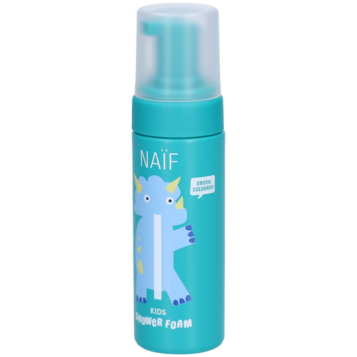 Turquoise fles met pomp. Opschrift: NAÏF, KIDS SHOWER FOAM. Illustratie van een blauwe dinosaurus. Spreekwolk.