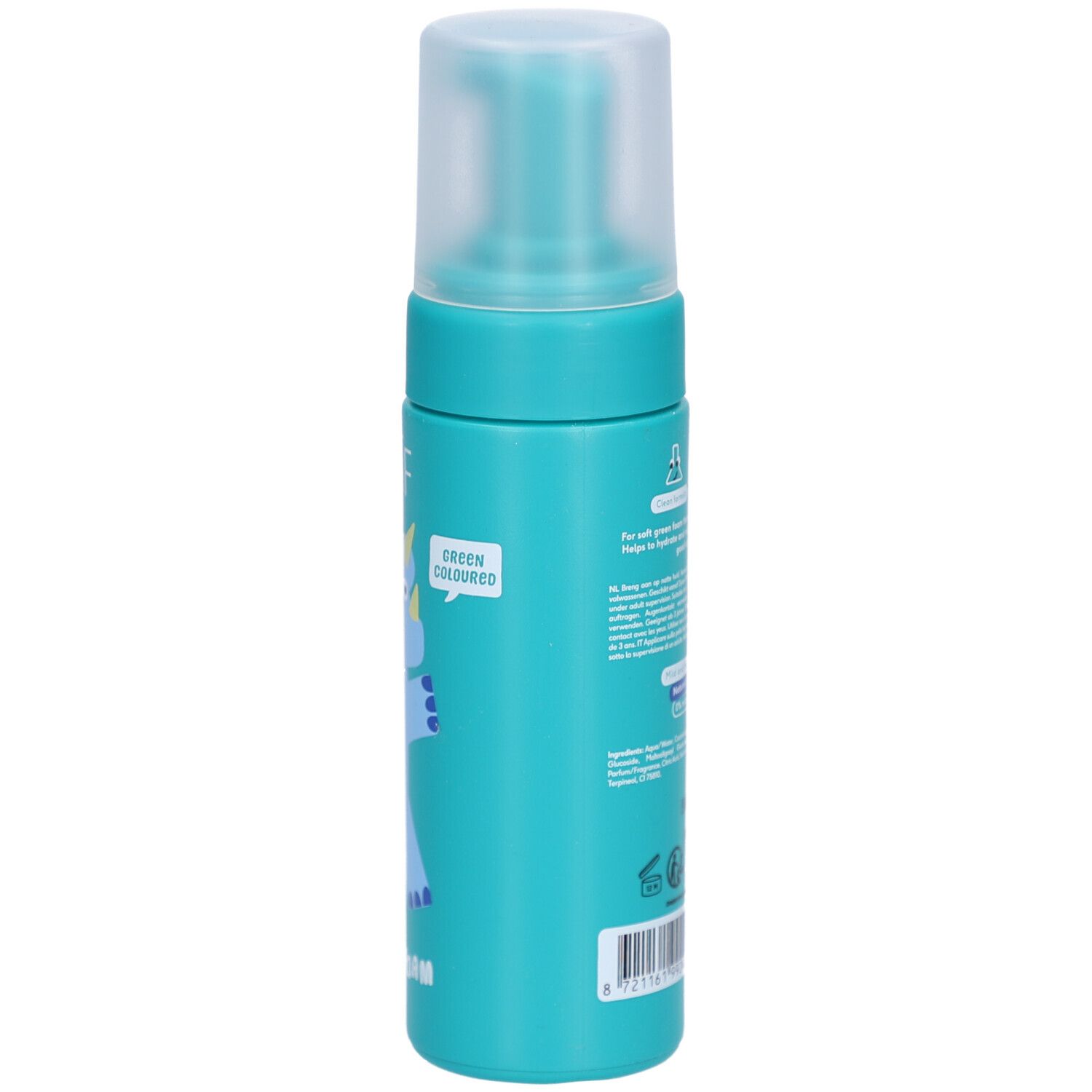 Turquoise fles met pomp. Opschrift: NAÏF. Tekst en logo's op de zijkant. Spreekwolk.