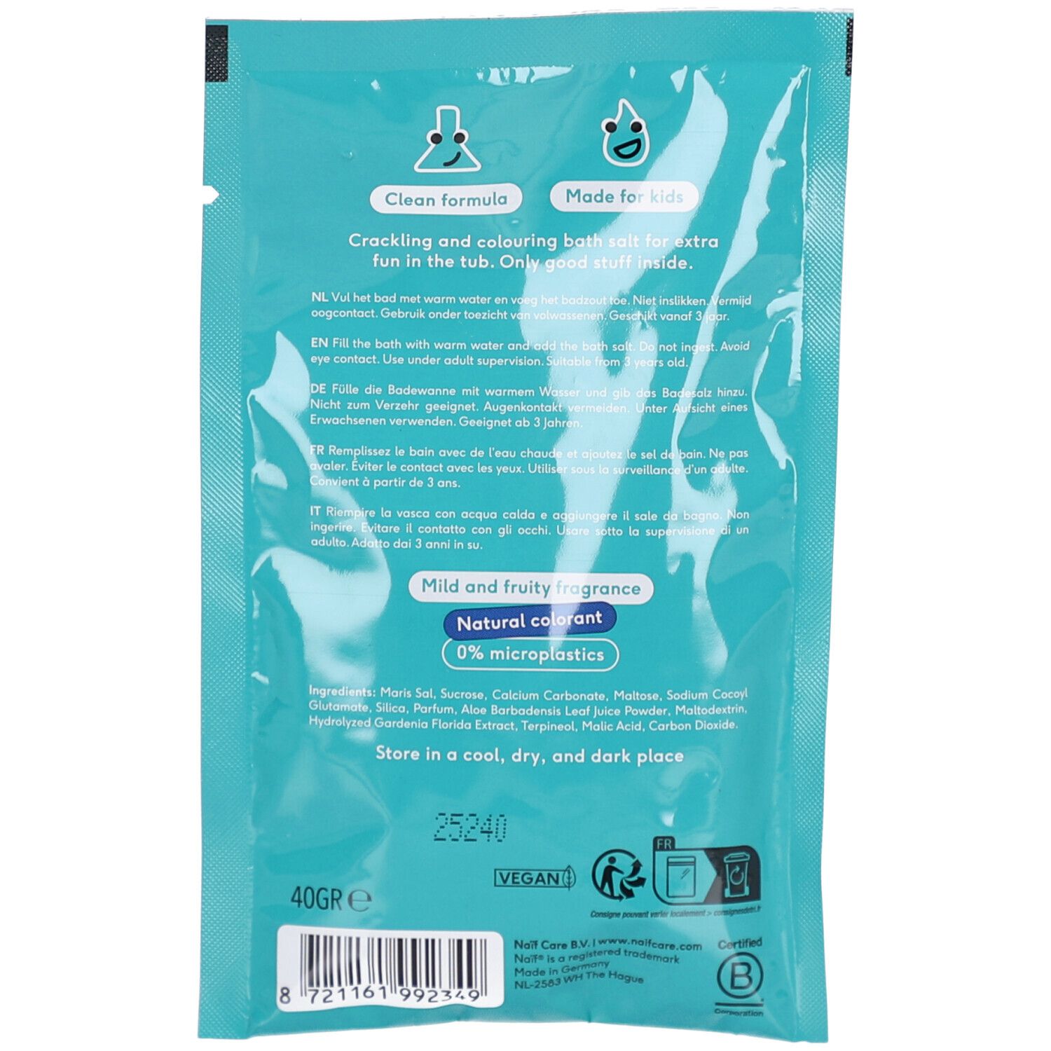 Dos de l'emballage. Texte : 'Clean formula', 'Made for kids'. Contient des informations multilingues et le logo 'Vegan'.