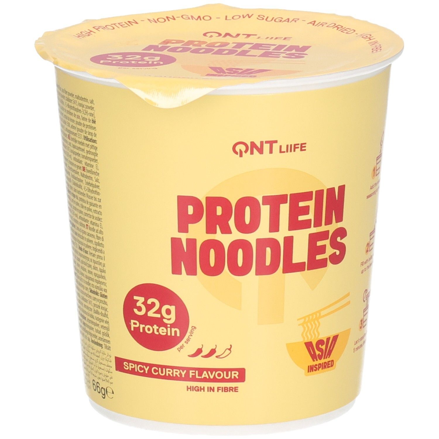 QNT Protein Noodles, saveur Spicy Curry, 32g de protéines par portion, Riche en protéines, Non-OGM, Faible teneur en sucre.