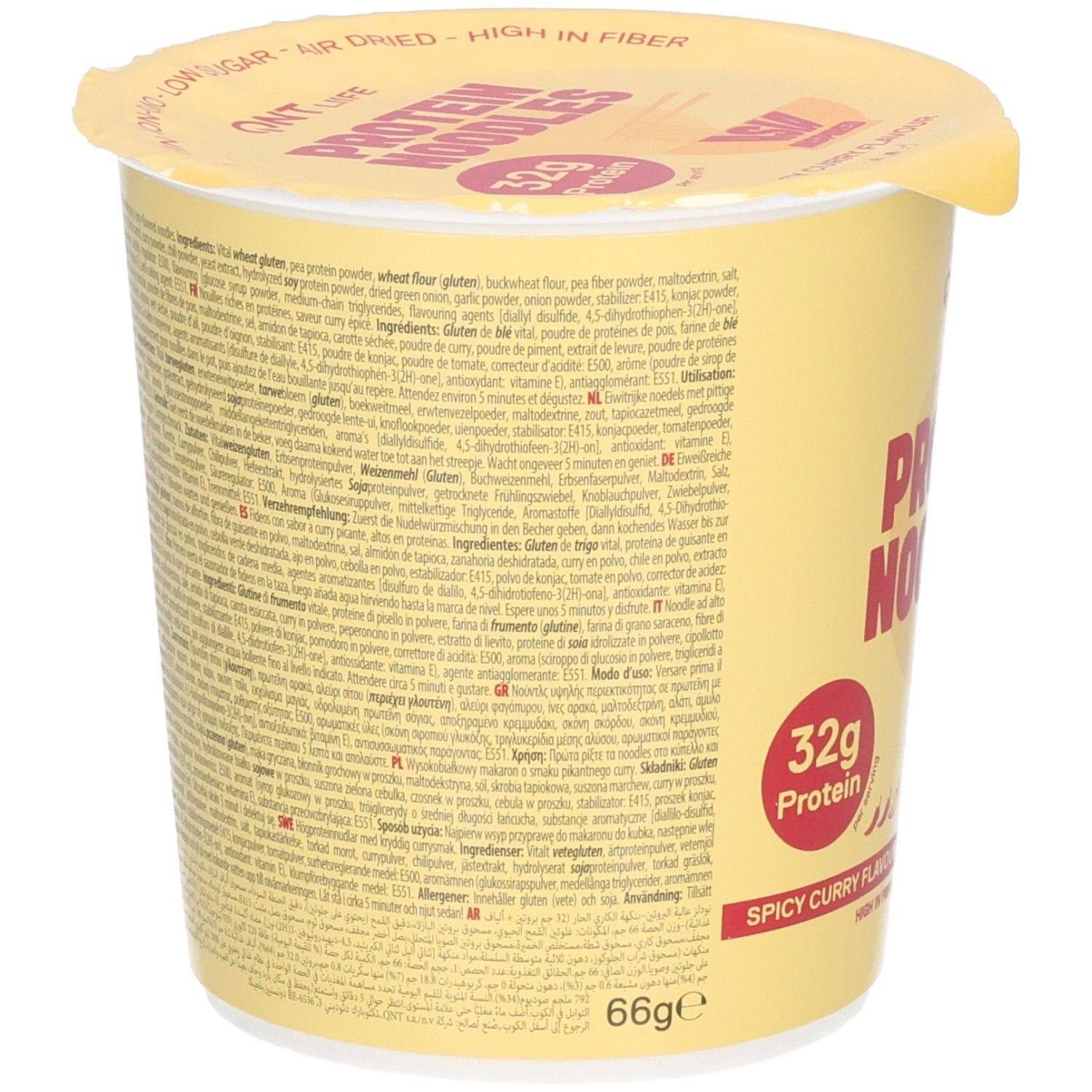 Arrière du paquet QNT Protein Noodles avec liste des ingrédients et informations nutritionnelles.