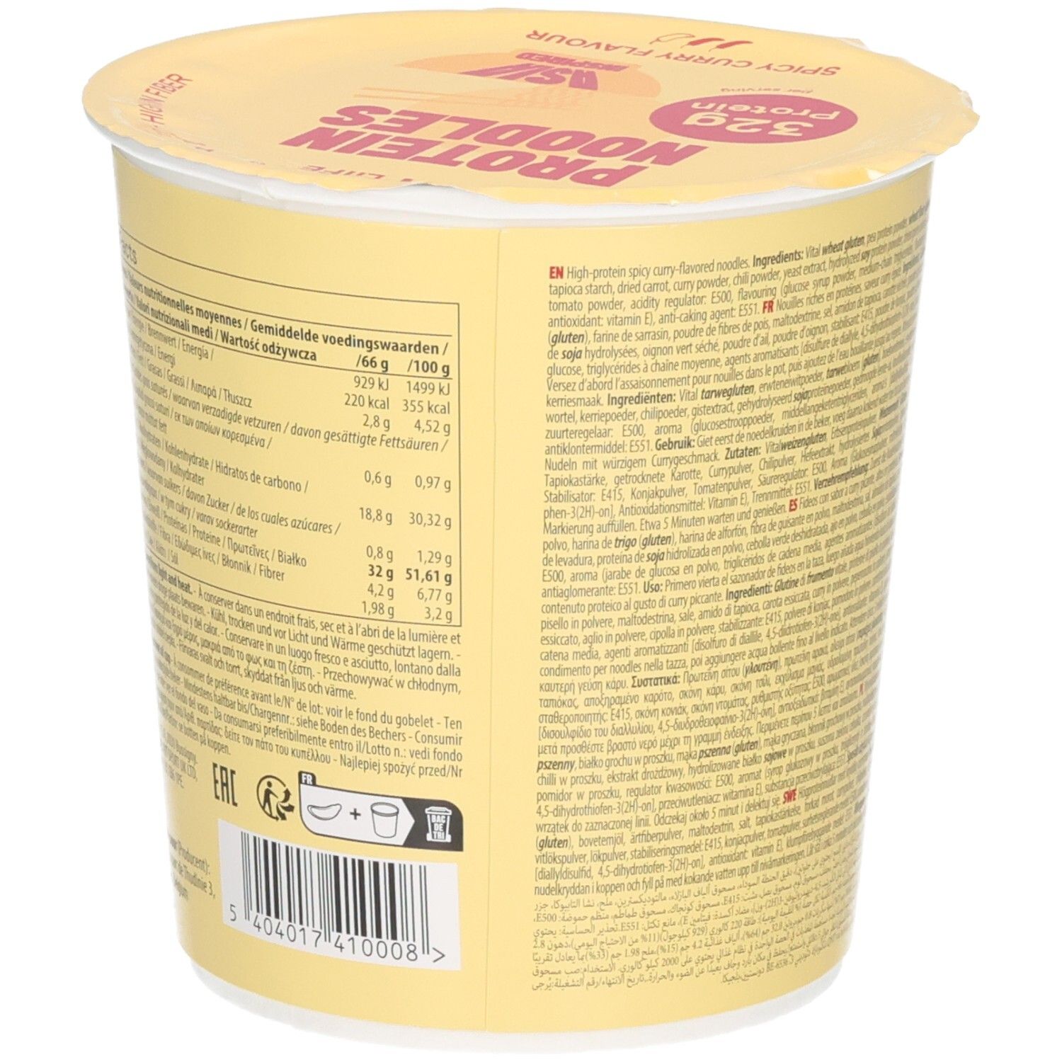 Vue latérale du paquet QNT Protein Noodles avec informations nutritionnelles détaillées et ingrédients.