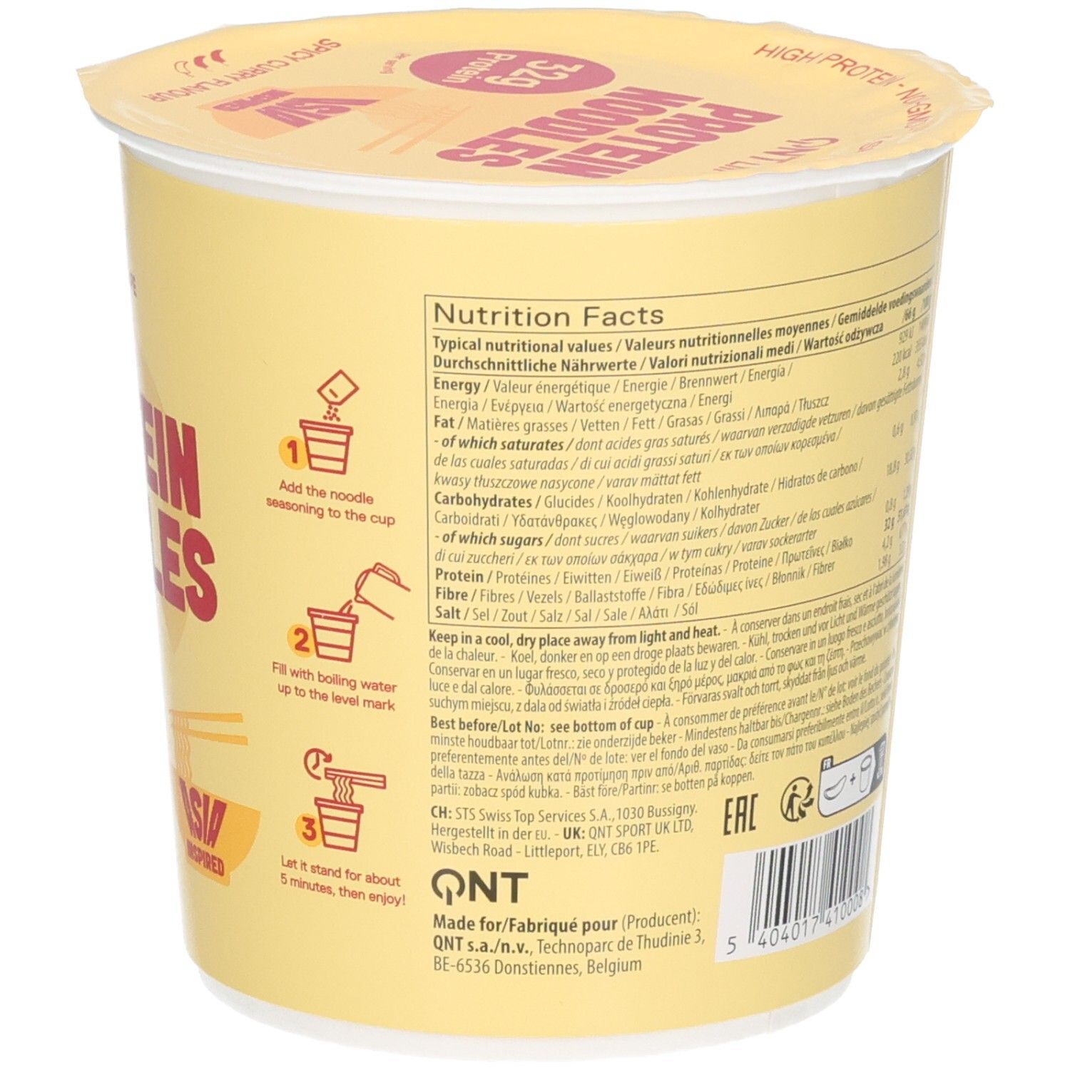 Arrière du paquet QNT Protein Noodles avec étapes de préparation et informations nutritionnelles.