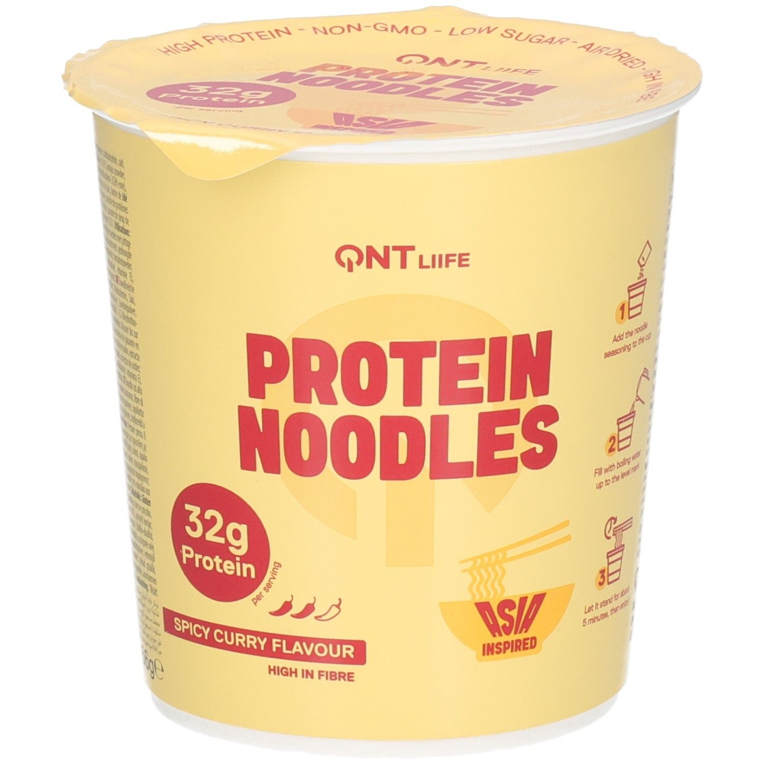 QNT Protein Noodles, saveur Spicy Curry, avec instructions de préparation et informations nutritionnelles.