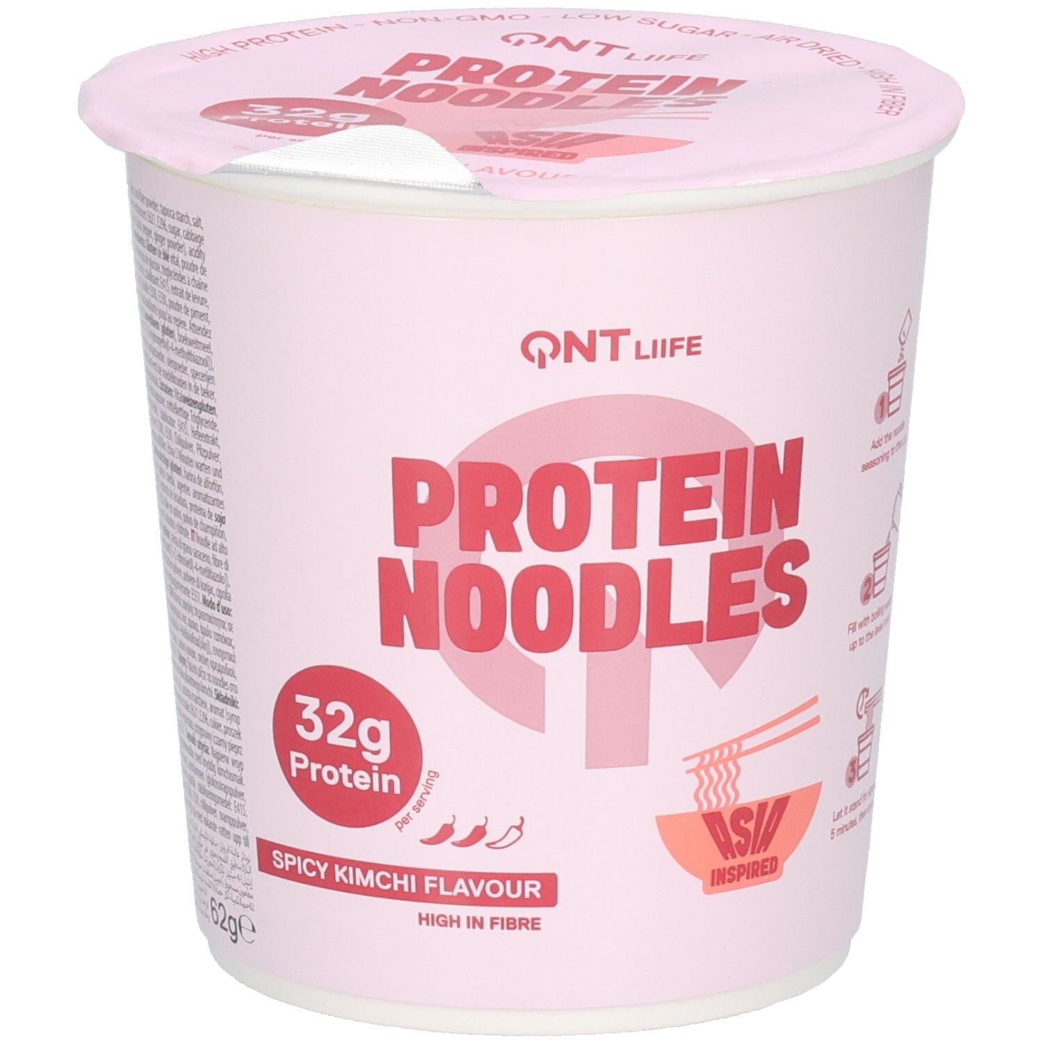 QNT Protein Noodles, saveur Kimchi épicée, 32g de protéines par portion.