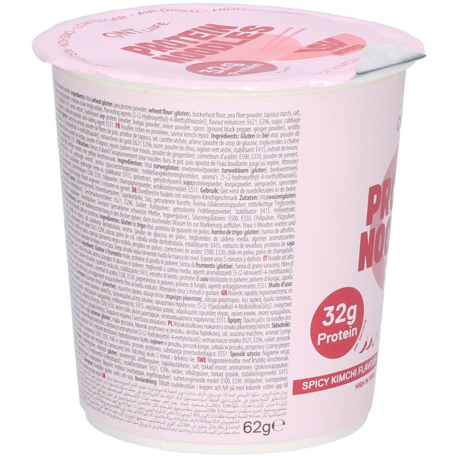 Arrière du paquet QNT Protein Noodles avec liste des ingrédients et informations nutritionnelles.