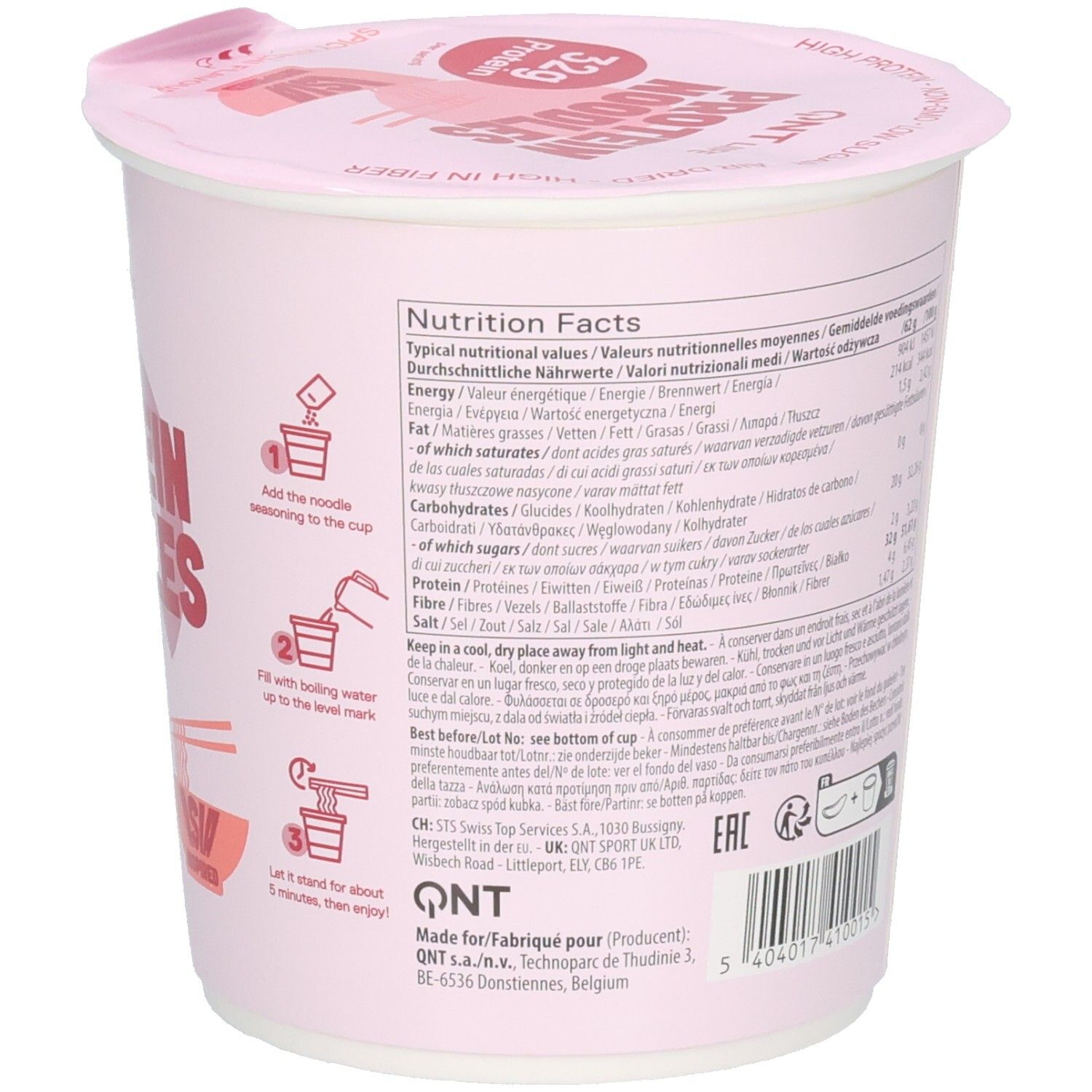 Arrière du paquet QNT Protein Noodles avec informations nutritionnelles et instructions de préparation.