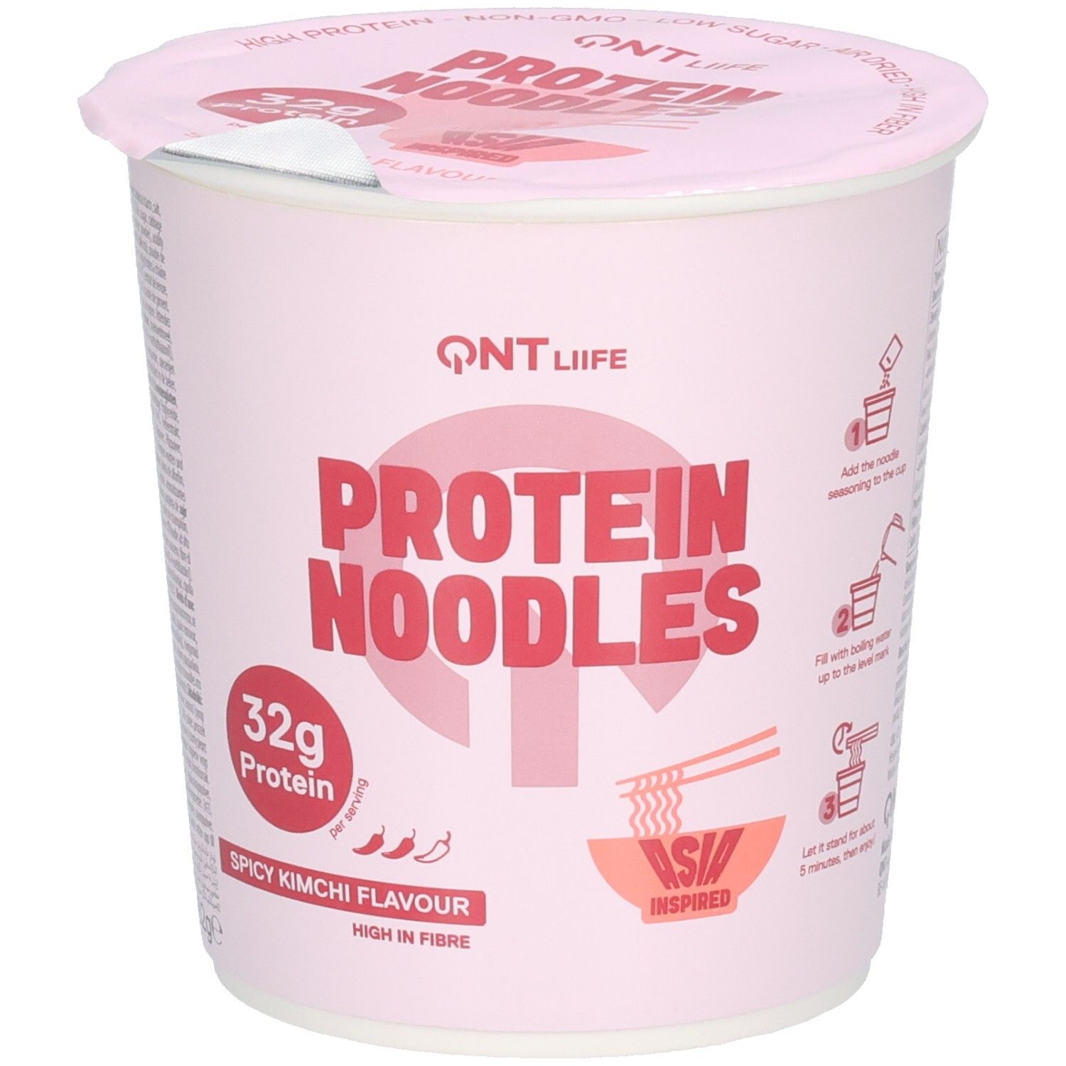 QNT Protein Noodles, saveur Kimchi épicée, 32g de protéines, riche en fibres.