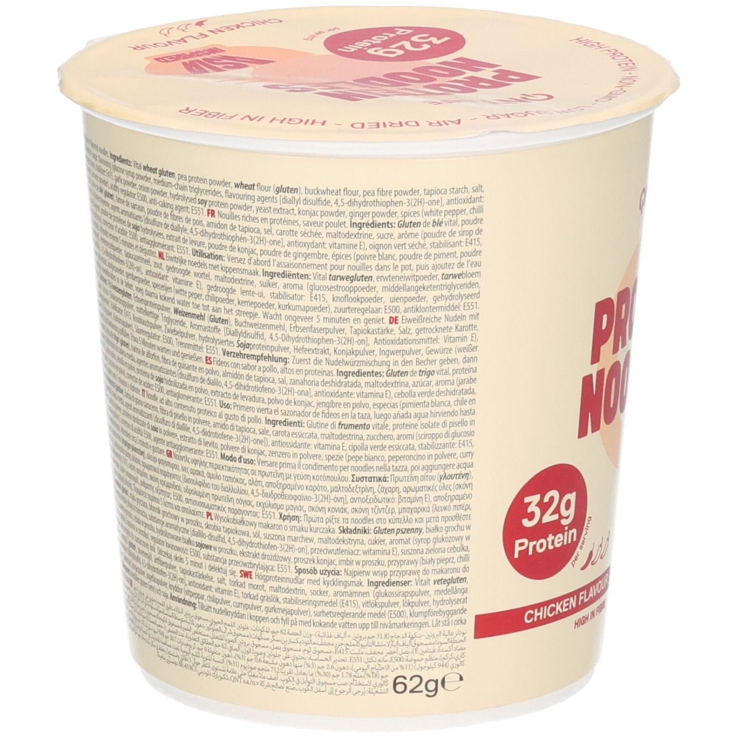 Arrière du pot avec informations nutritionnelles et liste des ingrédients pour nouilles protéinées QNT LIFE.