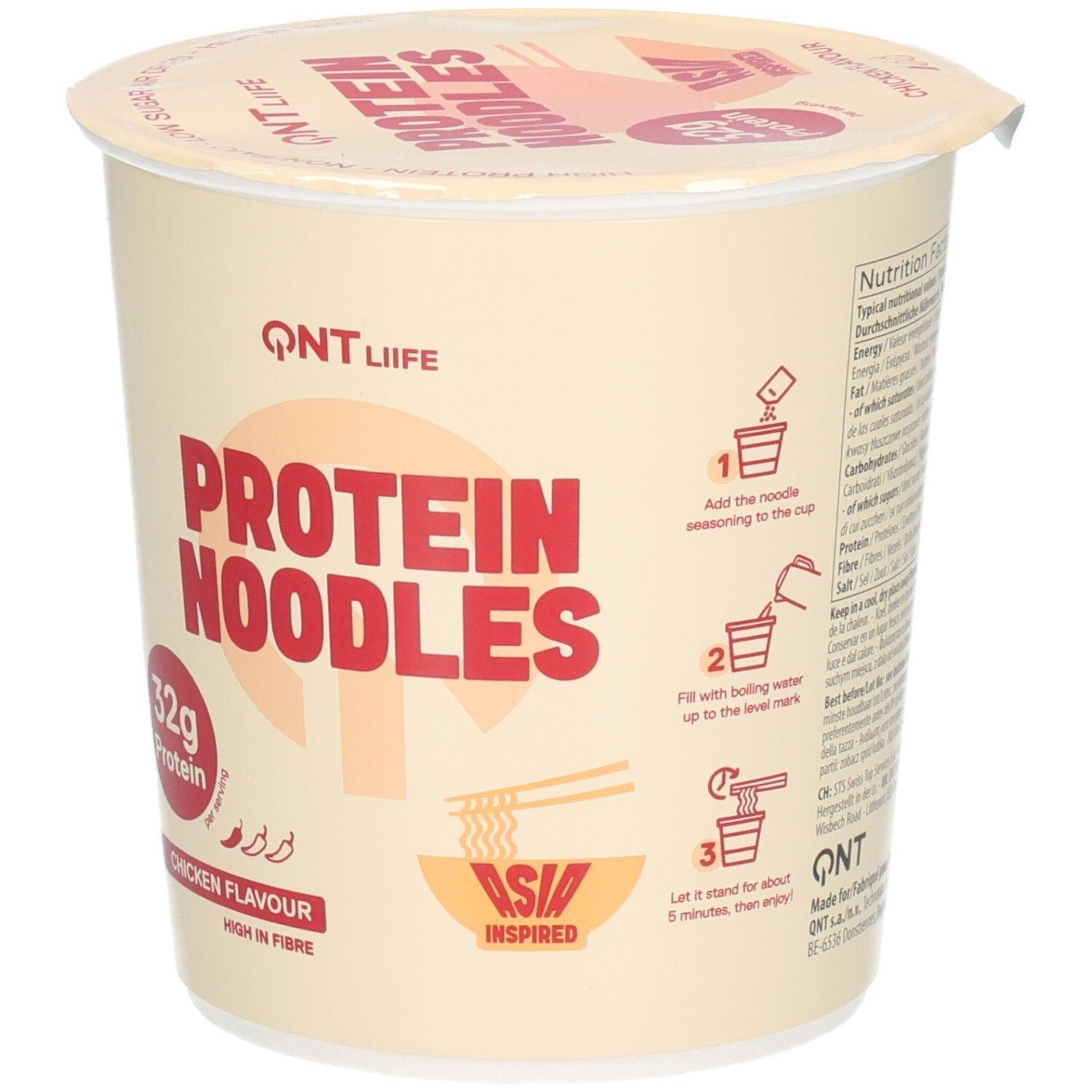 Pot de nouilles protéinées QNT LIFE, saveur poulet, avec instructions de préparation.