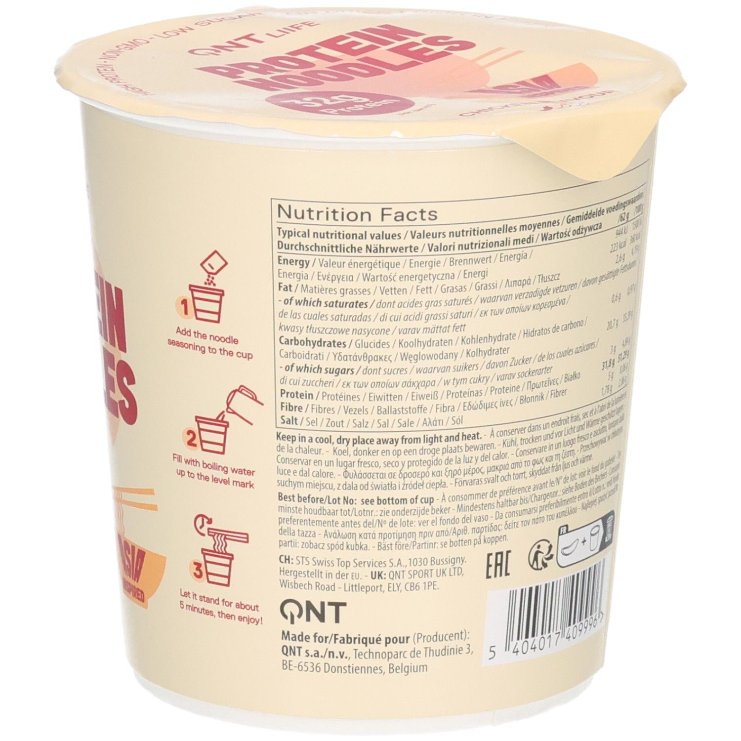 Côté du pot avec instructions de préparation et informations nutritionnelles pour nouilles protéinées QNT LIFE.
