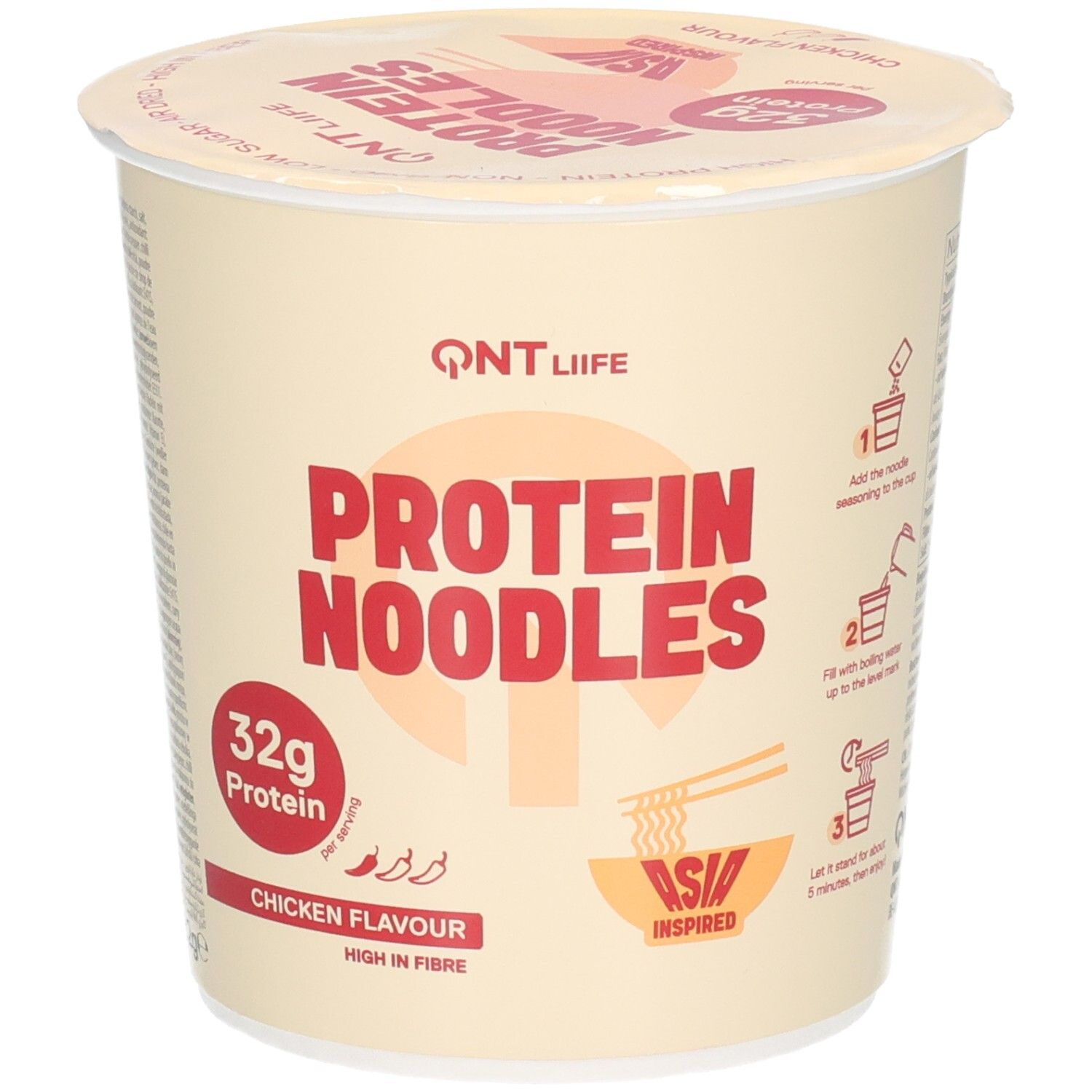 Pot de nouilles protéinées QNT LIFE, saveur poulet, avec instructions de préparation.